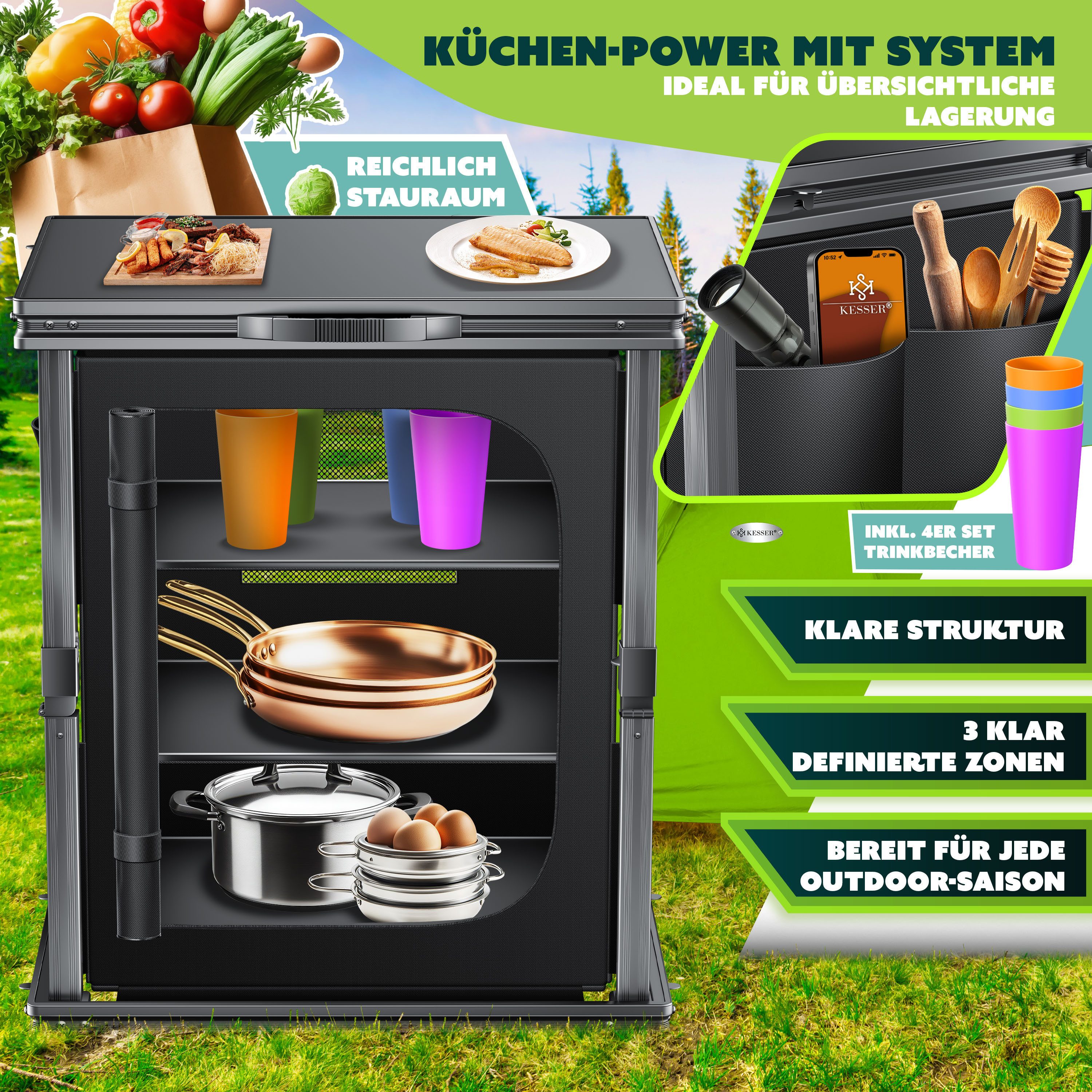KESSER Campingschrank mit Aluminiumgestell Campingküche faltbar 60x80cm 3-Fachböden (Küchenschrank inkl. 4er Becherset, Seitentaschen & Fliegengitter) Outdoor Camping Küche UV-resistent
