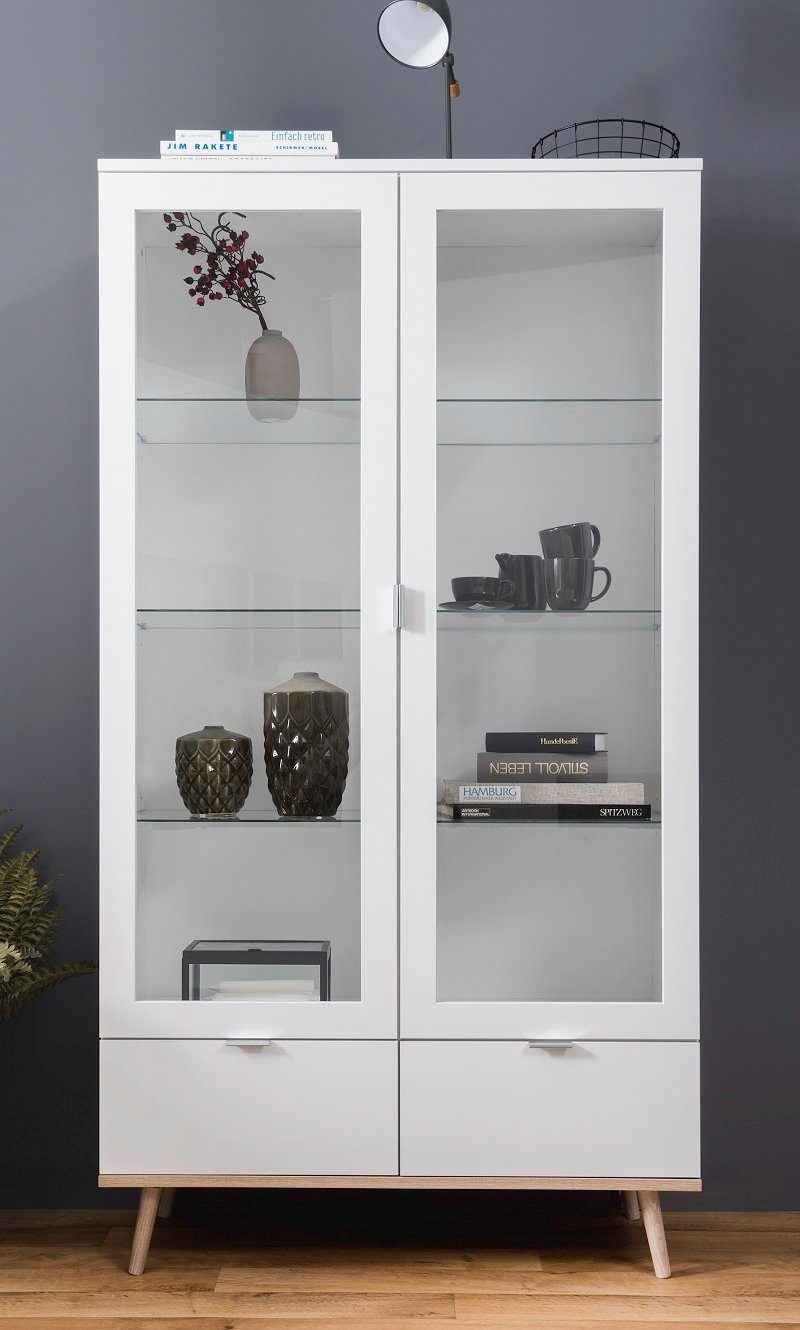 Skandinavisch, Eiche, Highboard Vitrine Finori skandinavischer Glasschrank Sonoma / Design weiß Oslo,