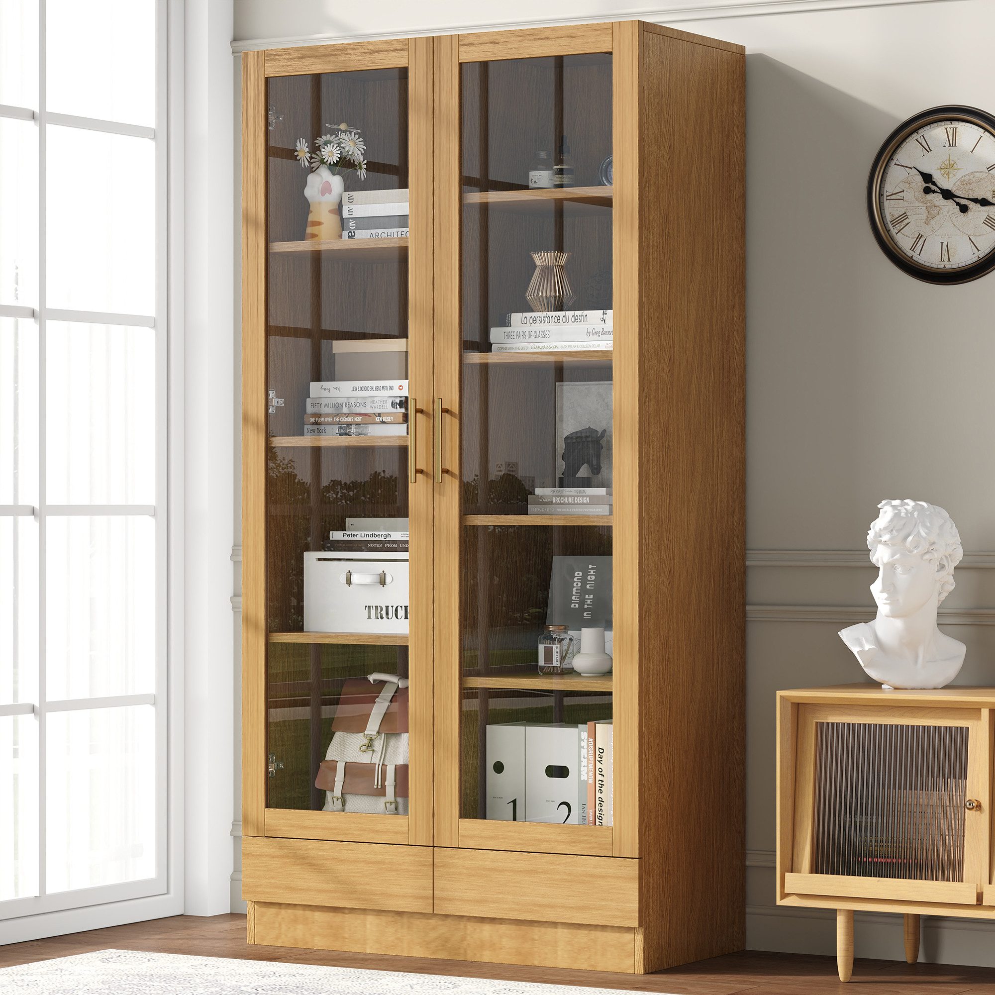 Odikalo Vitrine Vitrineschrank Hochschrank mit Glastüren (Glasvitrine (Büroschrank/Bücherregal/Aktenschrank/Aufbewahrungsregal) – Versetzte, nicht verstellbare Fachböden, grifflose Push-To-Open-Schubladen, 80*40*160 cm, Holzfarbe)