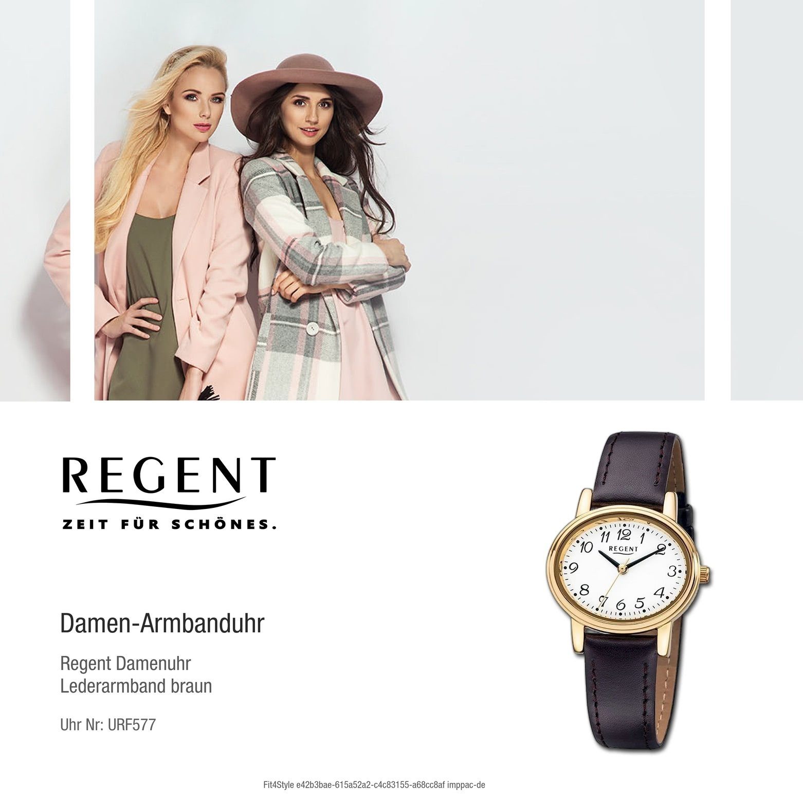 Armbanduhr Regent 30mm), (ca. Quarzuhr braun Analog Damen Regent mittel Lederarmband oval, Damen-Armbanduhr F-577,