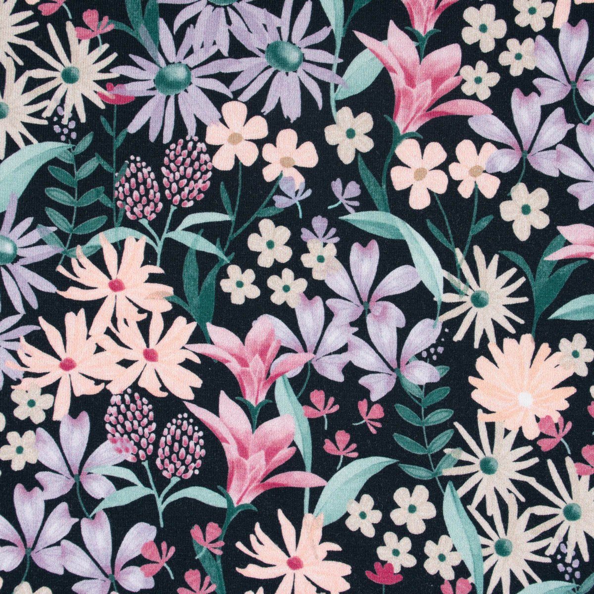 SCHÖNER LEBEN. Stoff Baumwolljersey Jerseystoff Digitaldruck Blumen schwarz bunt 1,40m br, allergikergeeignet