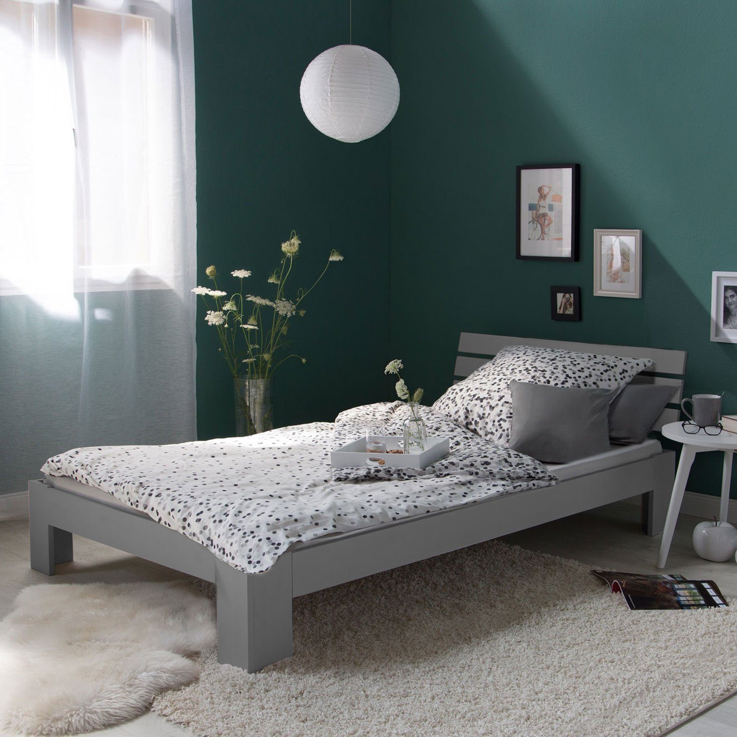 Homestyle4u Holzbett 90 x 200 cm mit Lattenrost und Bettkasten in Grau 2293 günstig online kaufen
