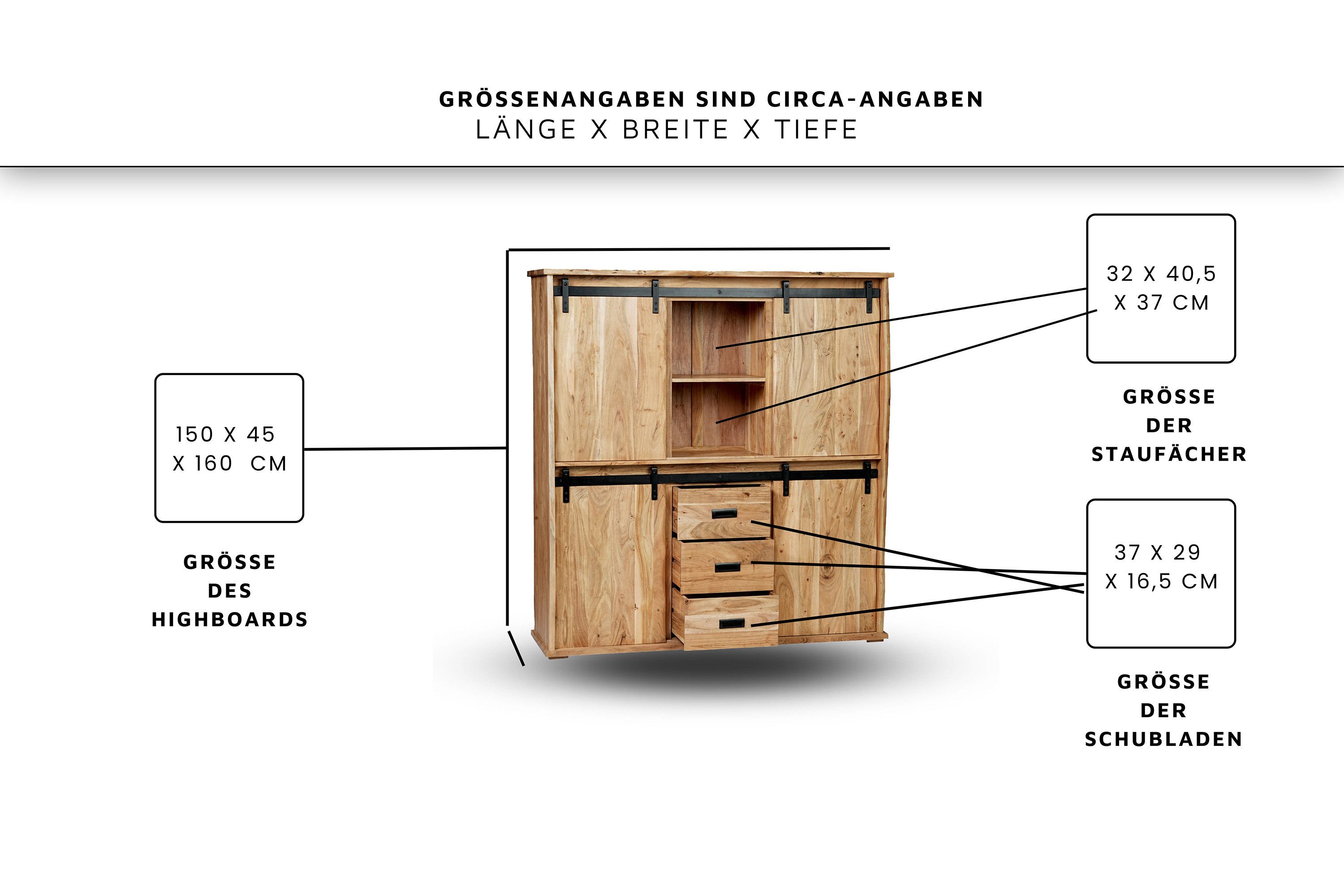 SAM® Highboard Fritz, Akazienholz, mit Baumkante oder gerader Kante, Industrial-Design