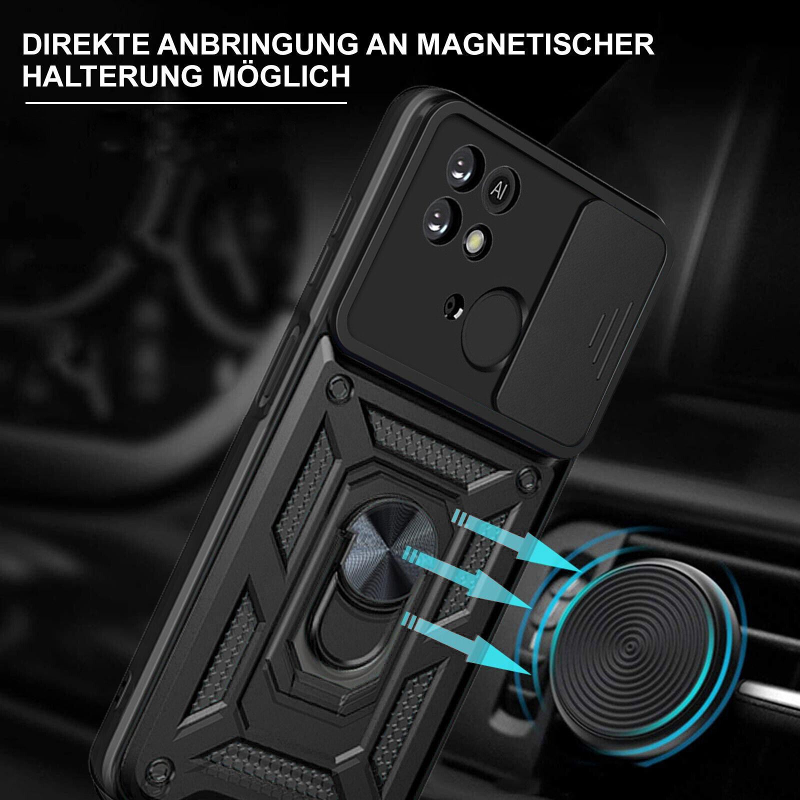 betterfon Smartphone-Hülle für Xiaomi Redmi 10C Panzerhülle mit Kameraschutz & Ringhalter Schwarz
