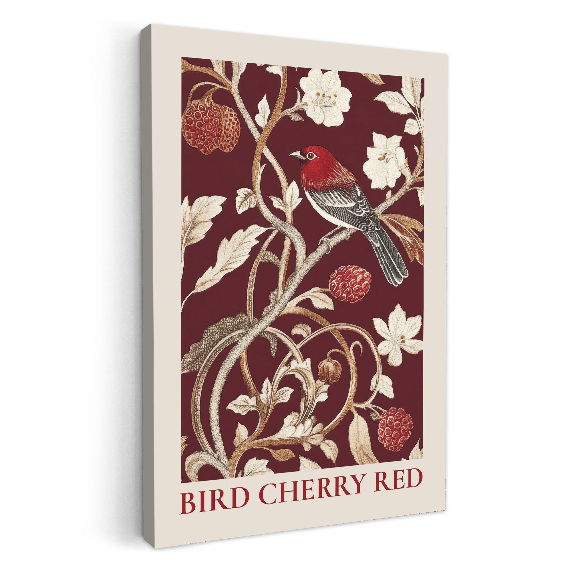 OneMillionCanvasses® Leinwandbild Vogel - Bordeaux - Blumen - Beeren - Küche, Fotodruck (1 St), Wandbilder für Esszimmer, Wanddeko Bilder Küche 20x30 cm