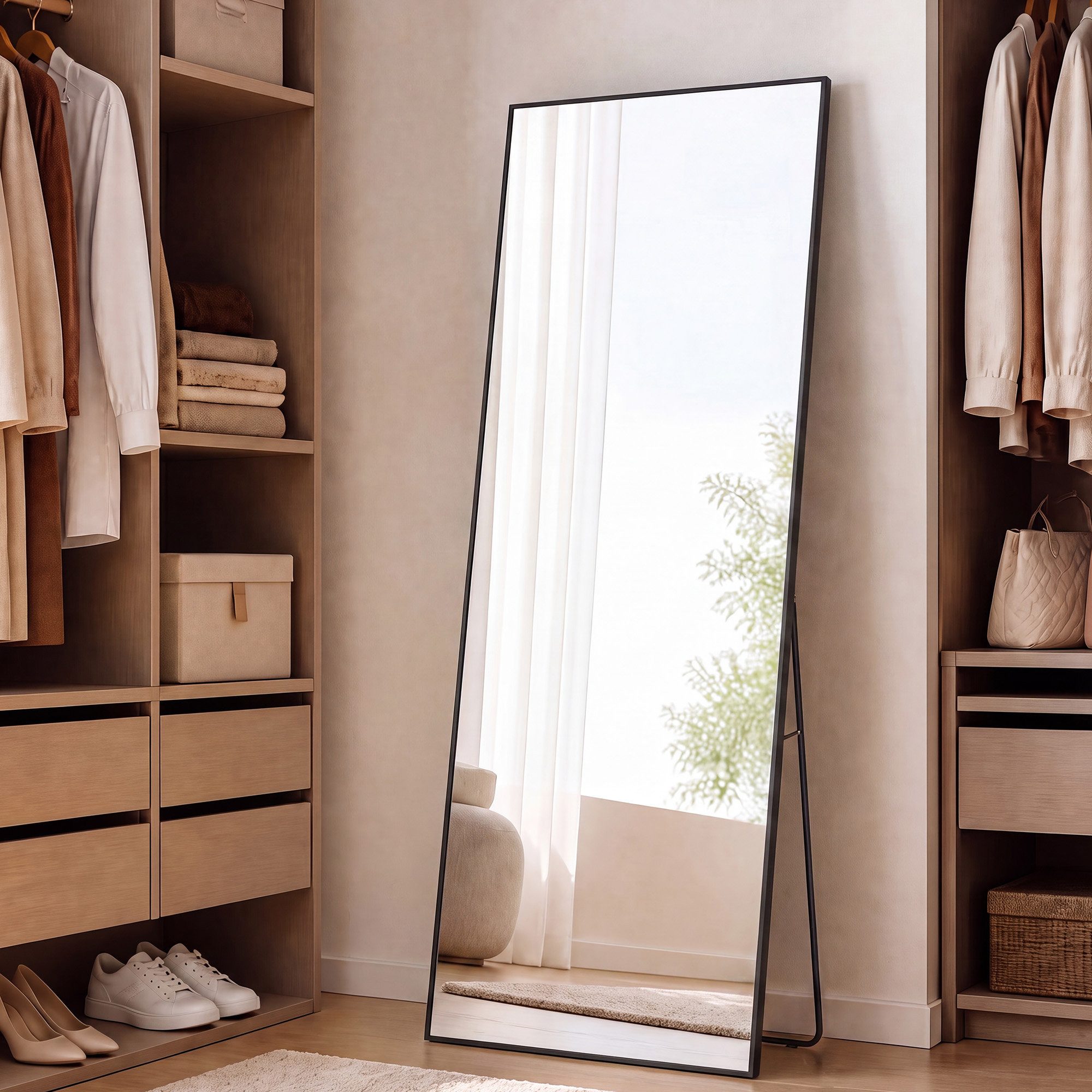 SONGMICS Standspiegel Ganzkörperspiegel mit saughaftem, verschiebbarem Vergrößerungsspiegel, Hartglas, für Schlafzimmer, Wohnzimmer, Garderobe, 150 x 40 cm