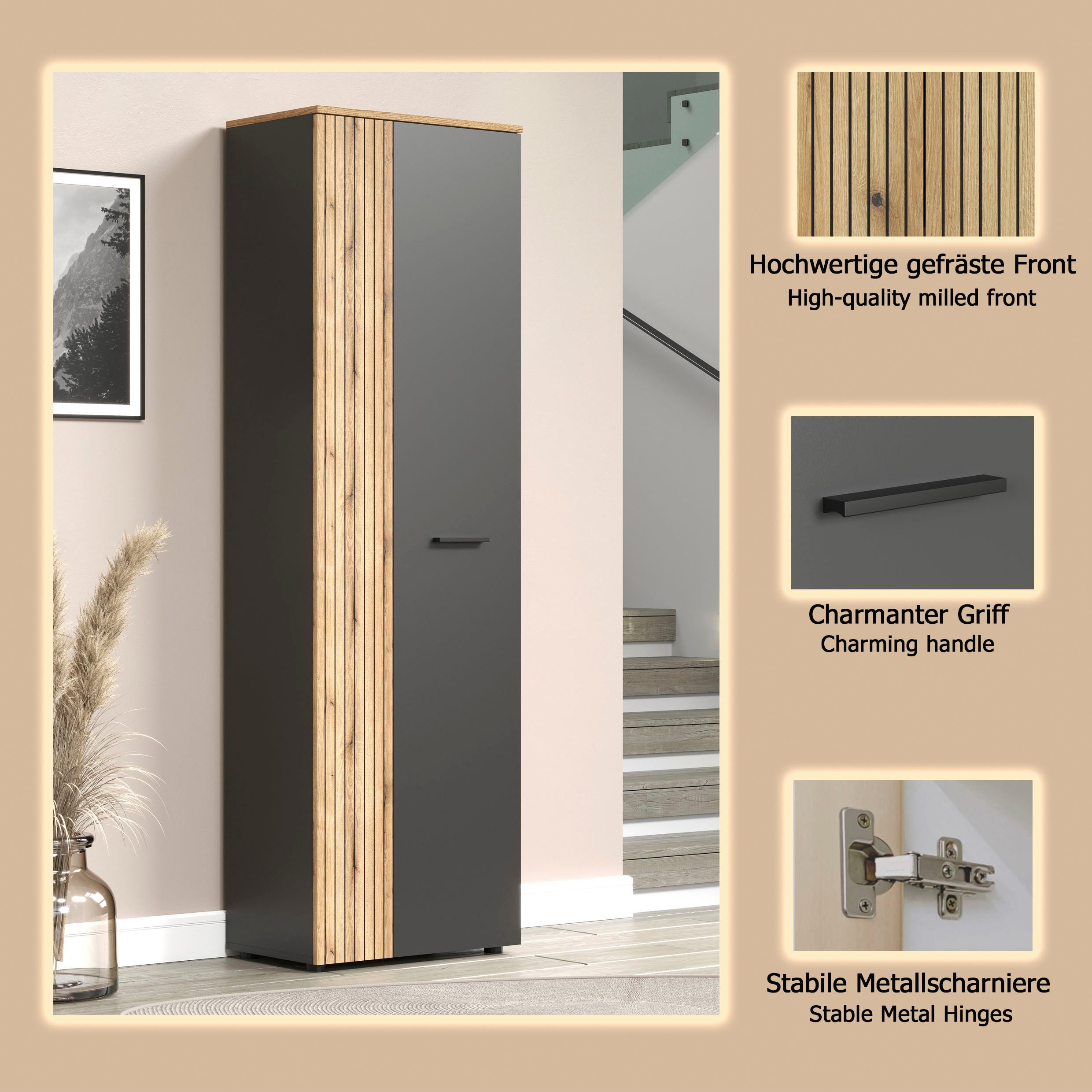 Home affaire Garderobenschrank Estepona (1-St) Flurschrank mit 2 Türen & 1 Kleiderstange – (B/T/H) 60/36/195 cm