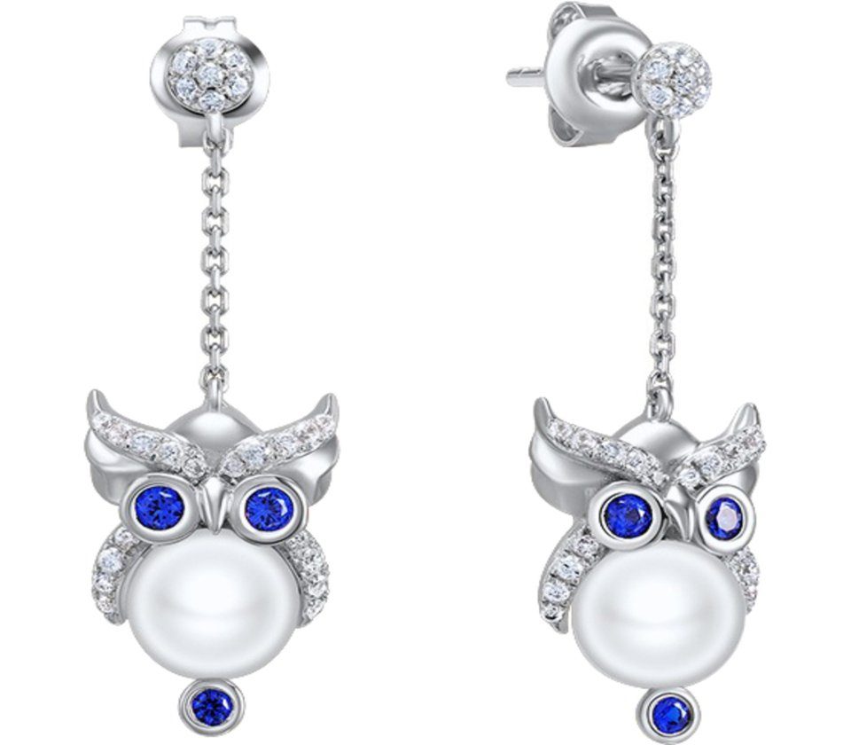 Secretforyou Paar Ohrstecker Ohrstecker Hänger Ohrringe Eule Zirkonia Perle Echtschmuck, 925 Sterlingsilber