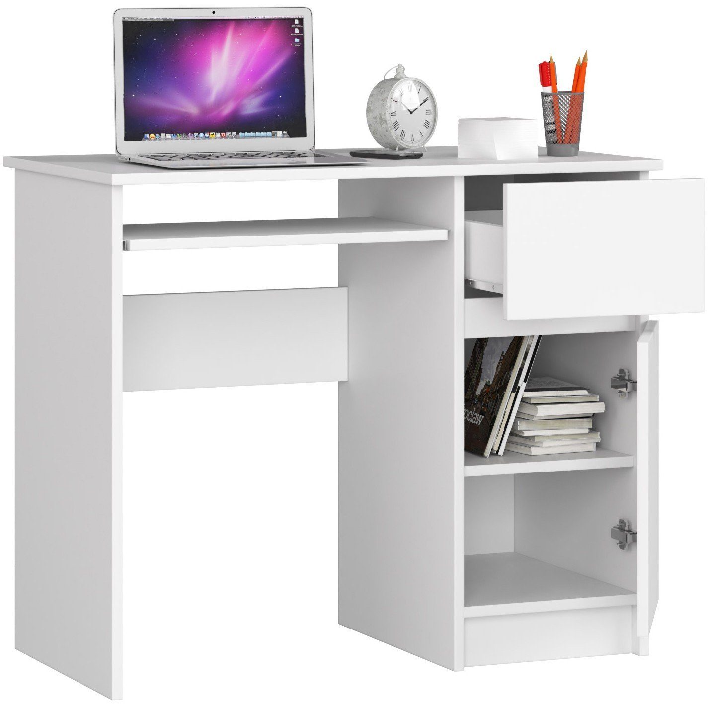 Tastaturablage, mit Schublade, weiß, Regalen Home Computertisch Laminatplatte rechts Collective abriebfeste Bürotisch, 1 und ausziehbaren mit 2 ABS-Kante, Fächer