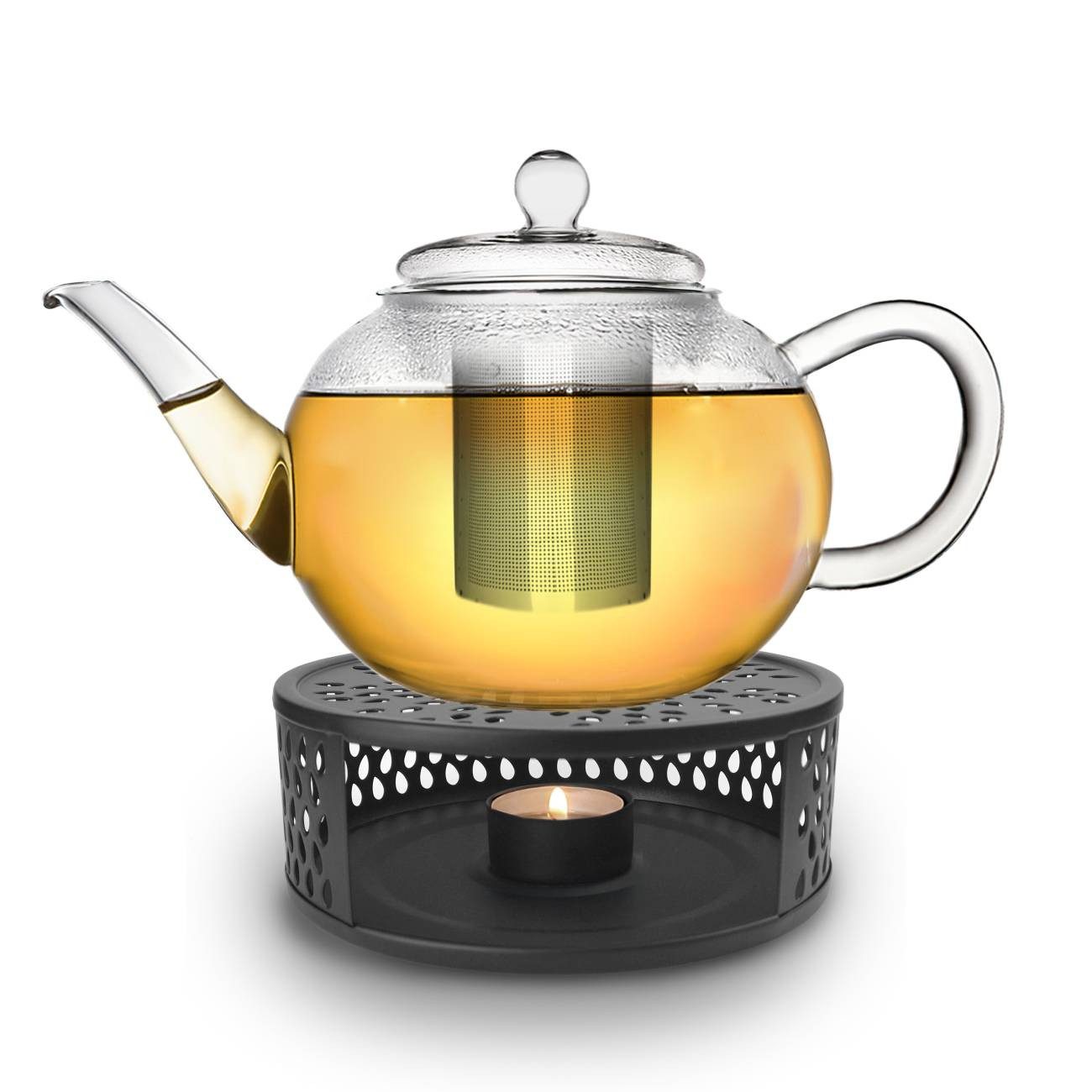 Creano Teekanne Creano Teekanne 1,2l Glas mit Sieb und Stövchen "Leaf"