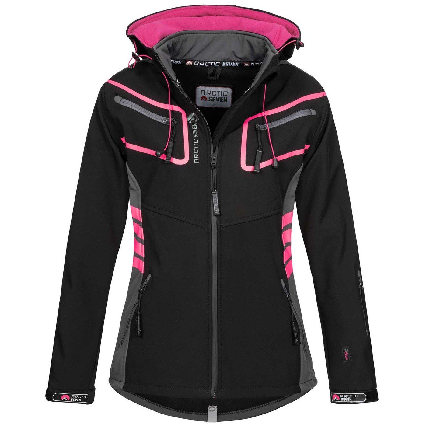 Arctic Seven Softshelljacke Damen – Outdoorjacke mit Kapuze wasserabweisend Fleecegefütterte Softshelljacke mit vielen Taschen