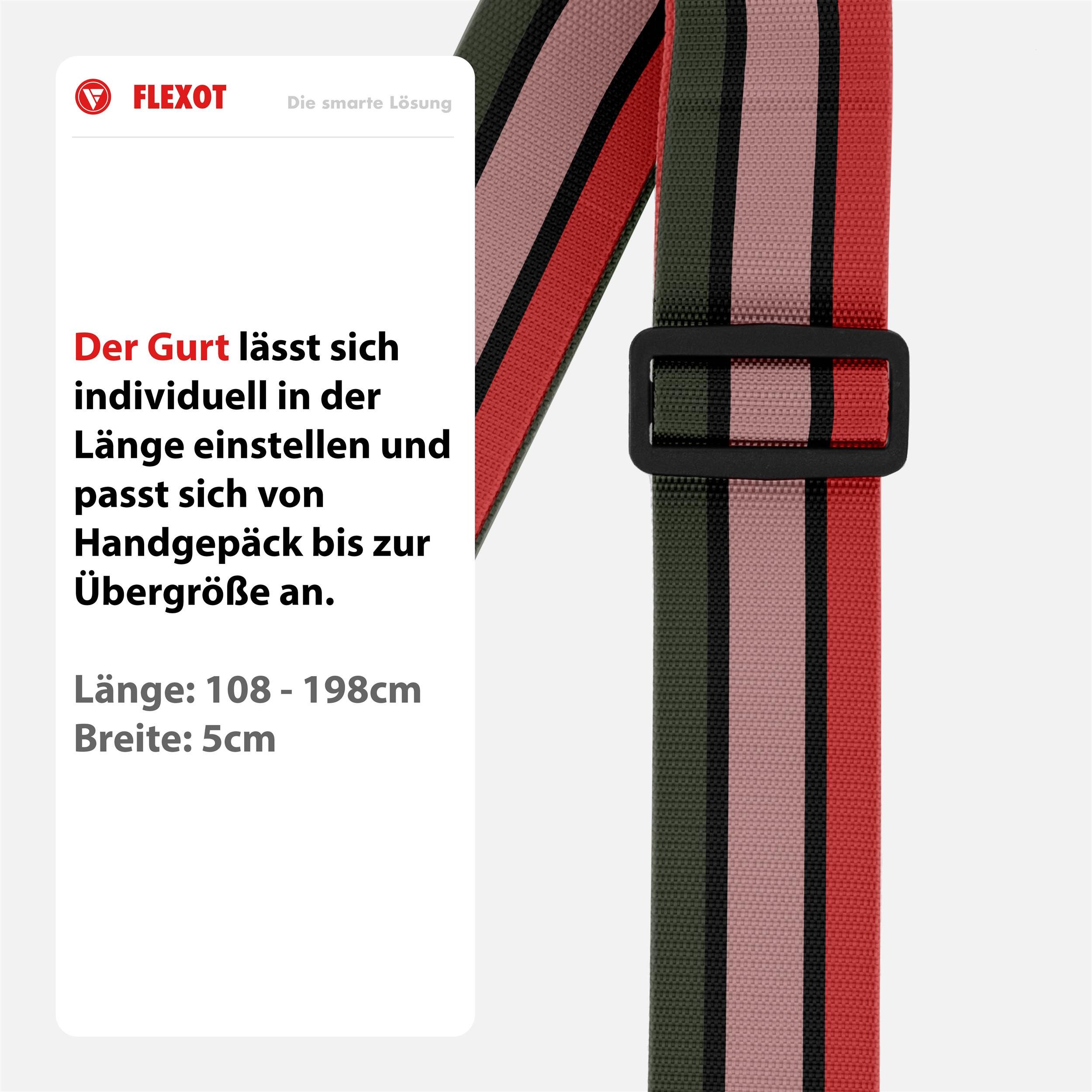 Flexot Koffergurt Koffergurt mit Zahlenschloss, verstellbare Länge, Namensschild, Flexibel anpassbarer und stabiler Gurt mit praktischer Schnalle