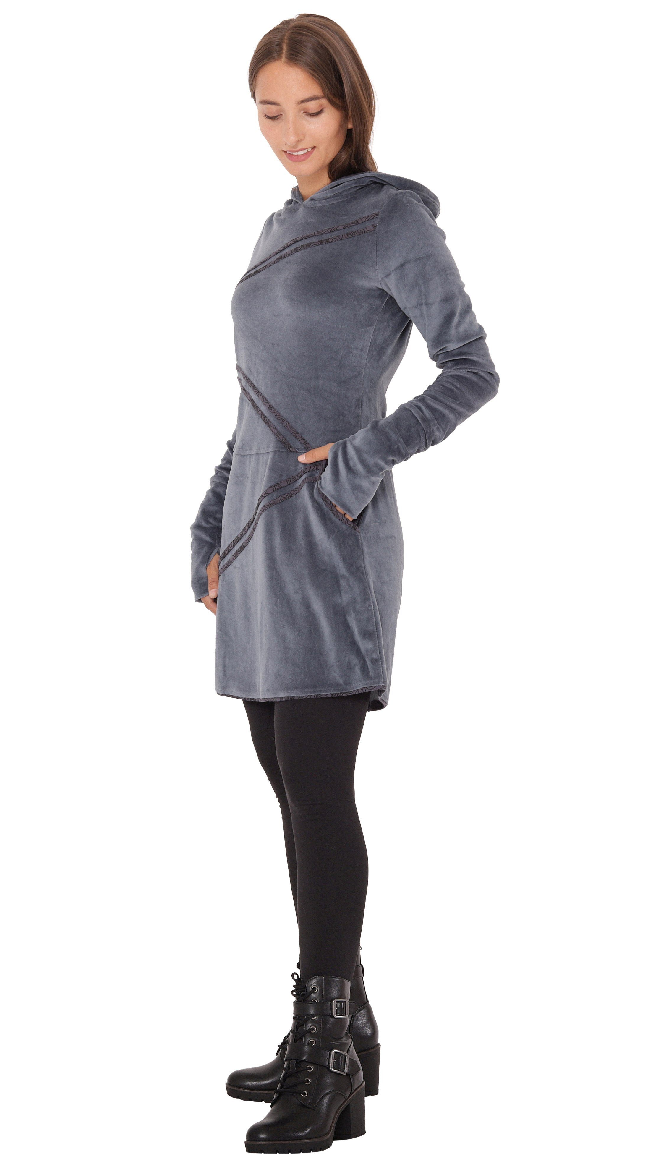PUREWONDER Samtkleid Samtkleid Winterkleid mit Applikationen und Taschen dr18 Grau XL mit Kapuze