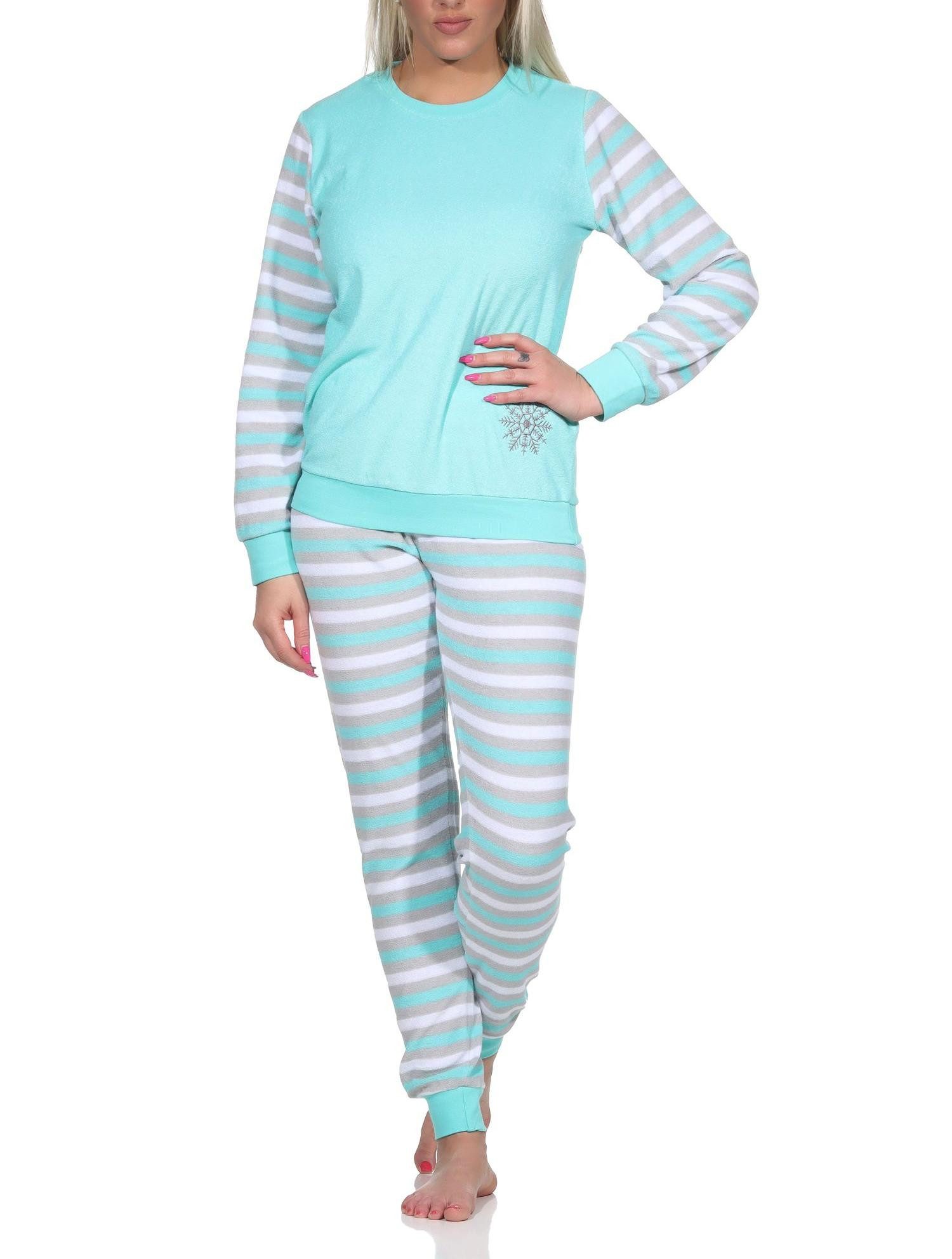 Pyjama Geringelter Damen Frottee Schlafanzug langarm Pyjama mit Eiskristall