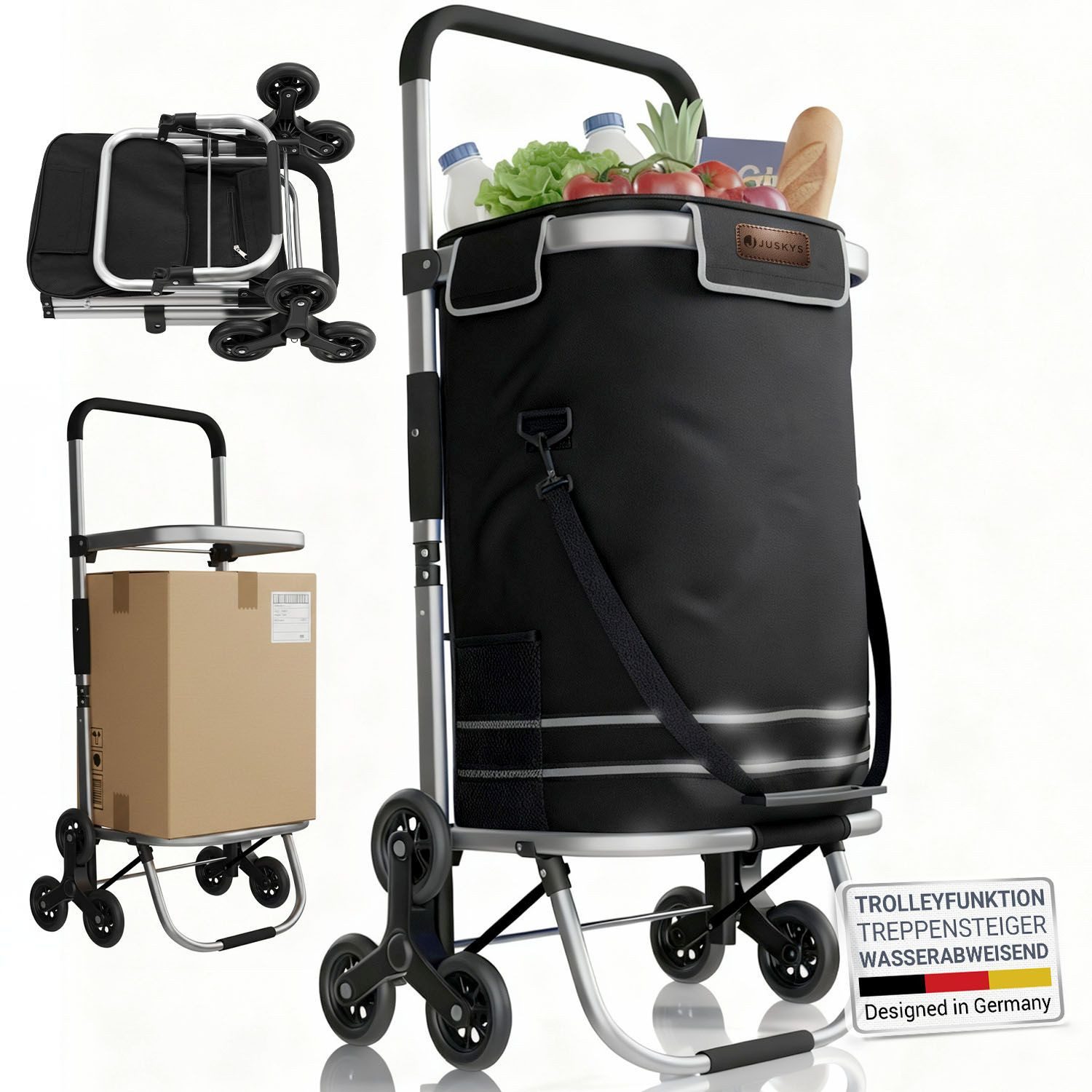 Juskys Einkaufstrolley 3in1, 56 l, mit Treppensteiger (6 Rollen), klappbar und modern, mit Kühlfach