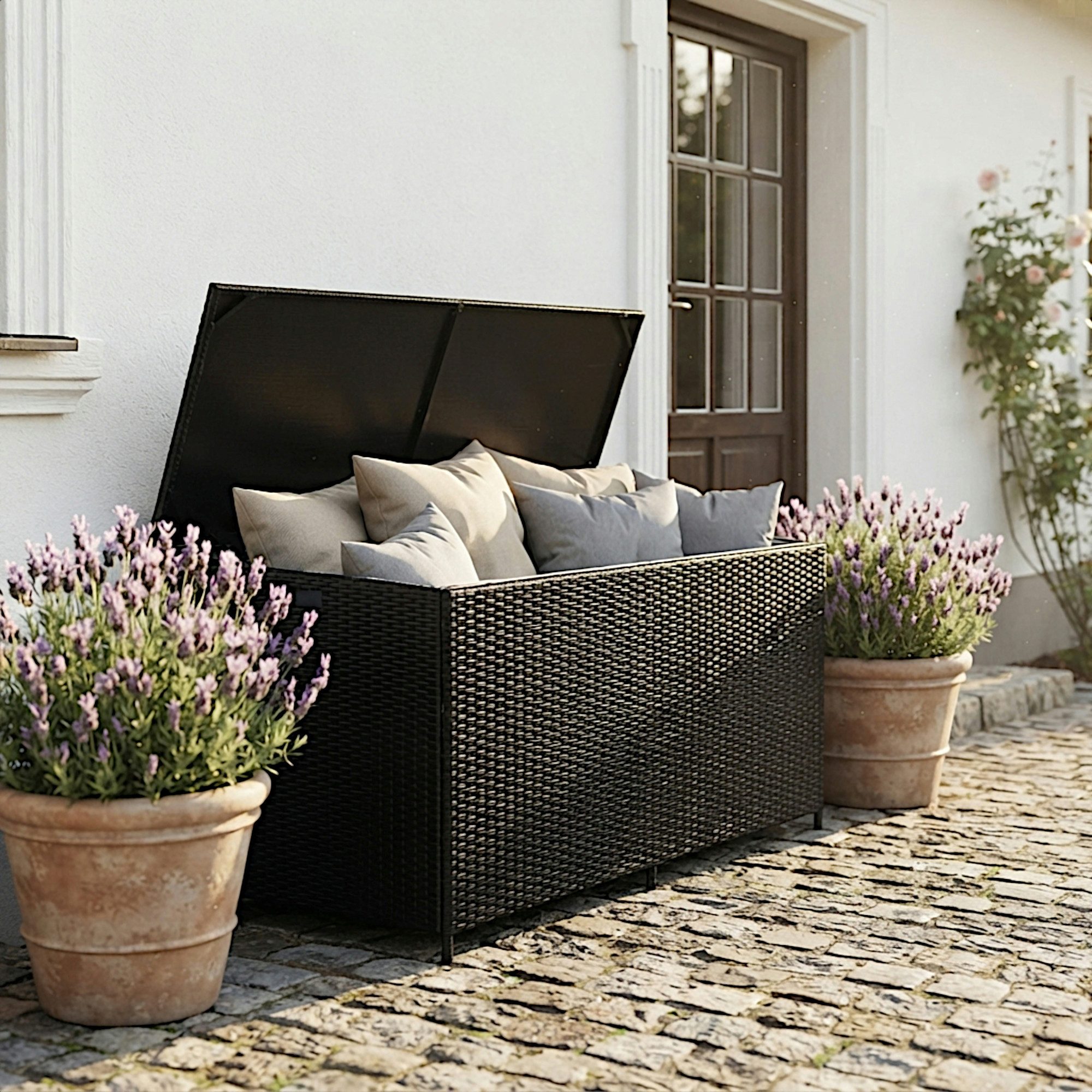 ESTEXO Auflagenbox Polyrattan Kissenbox Gartenbox 114 cm Aufbewahrungsbox Truhe Schwarz