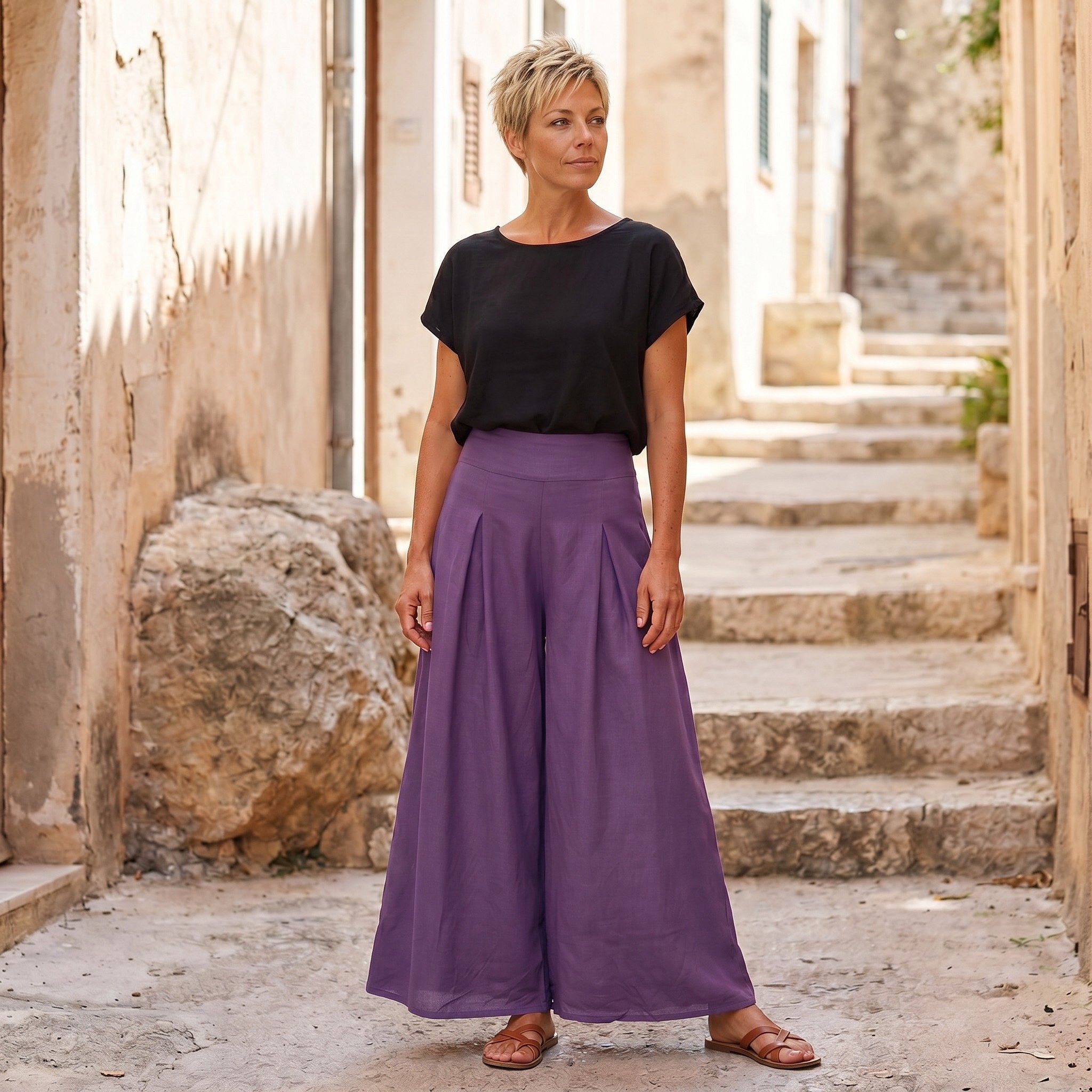 Guru-Shop Relaxhose Boho Hosenrock, weite Sommerhose - flieder Ethno Style, alternative Bekleidung