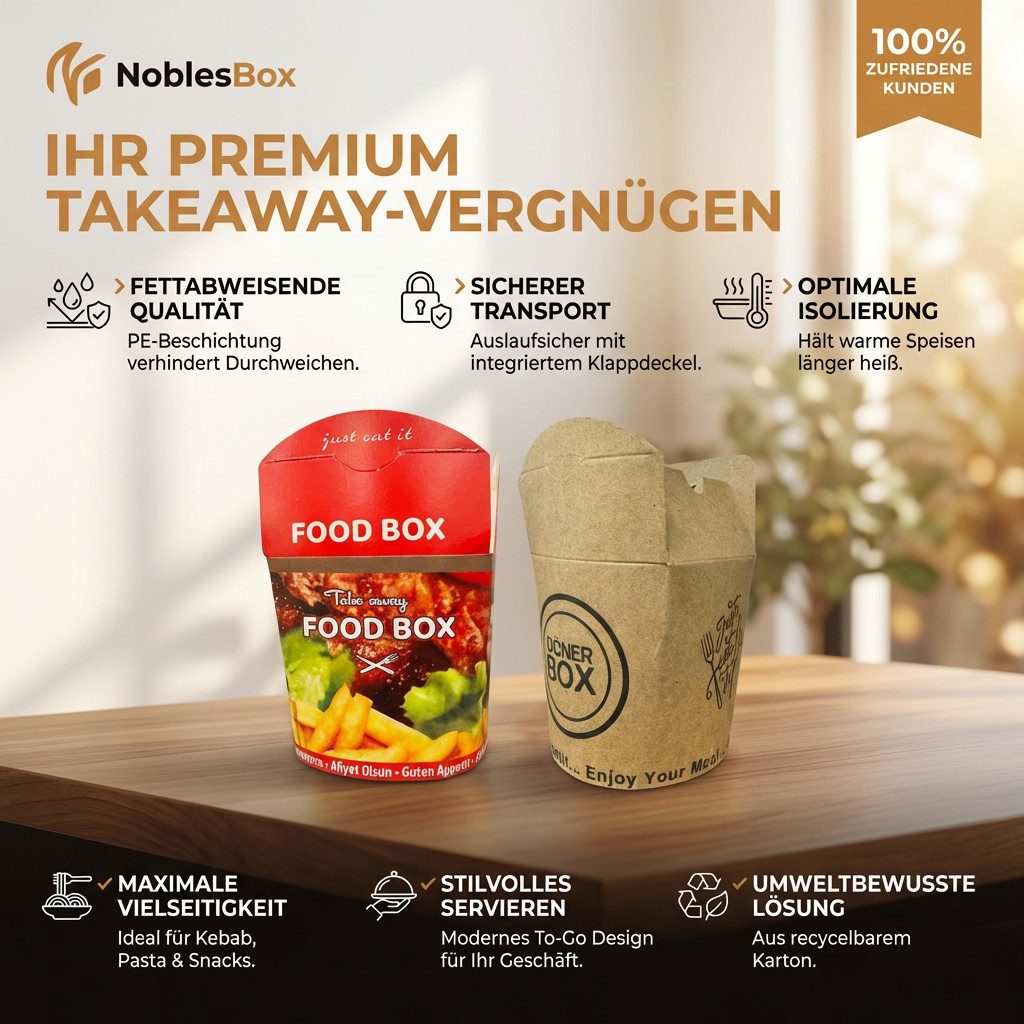 NoblesBox Lunchbox Döner Box - Kebab Nudelbox - Einweg Takeaway Schachtel aus Pappe, (50-tlg), Fettabweisend & Stabil, Faltbox, Pappbox, Asiabox