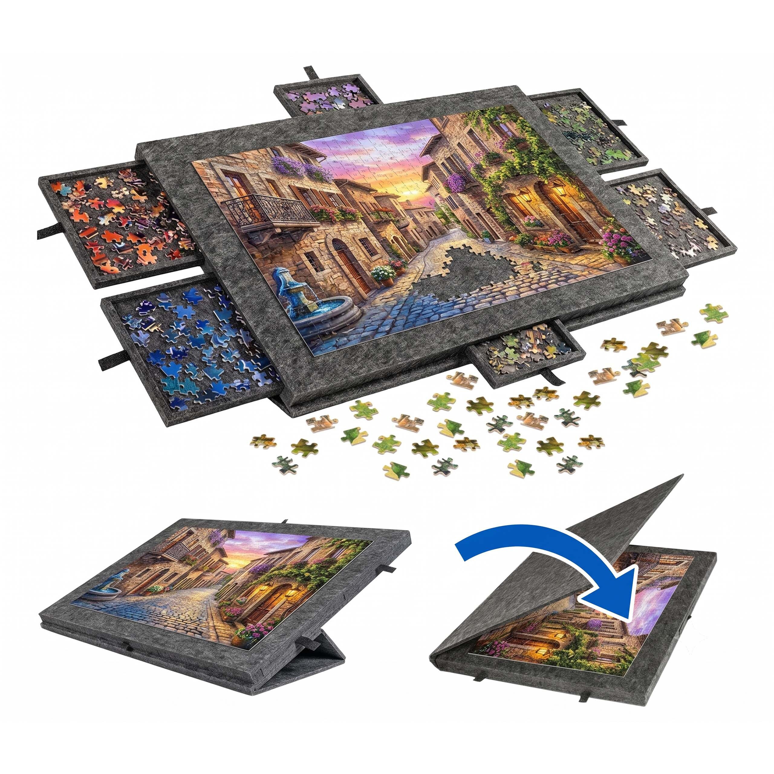 relaxdays Puzzle-Sortierschale Puzzlebrett Filz 6 Schubladen, Dunkelgrau