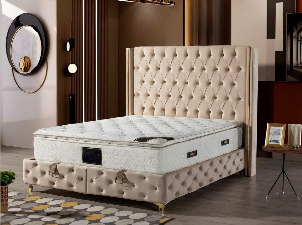 JVmoebel Boxspringbett Luxuriöses Boxspringbett mit elegantem Kopfteil aus Holz und Stoff, Made in Europe