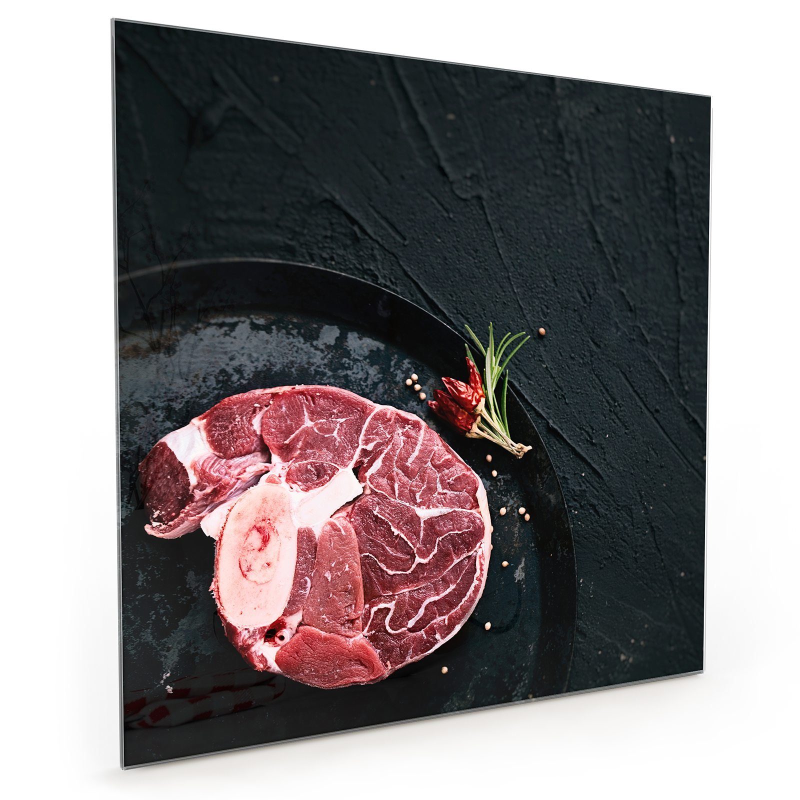 Primedeco Küchenrückwand Küchenrückwand Spritzschutz Glas mit Motiv Fleisch auf Platte