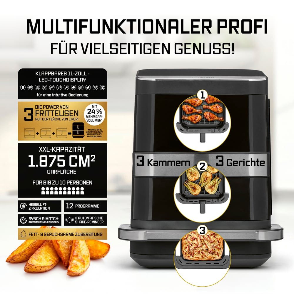 GOURMETmaxx Heißluftfritteuse GOURMETmaxx Heißluft-Fritteuse 2800W schwarz Doppelkorb vertikal 4l + 6l mit Pizzafach, 2800 W, Heissluftfritteuse XXL, ohne Öl, für Fritteusen Pizza etc.