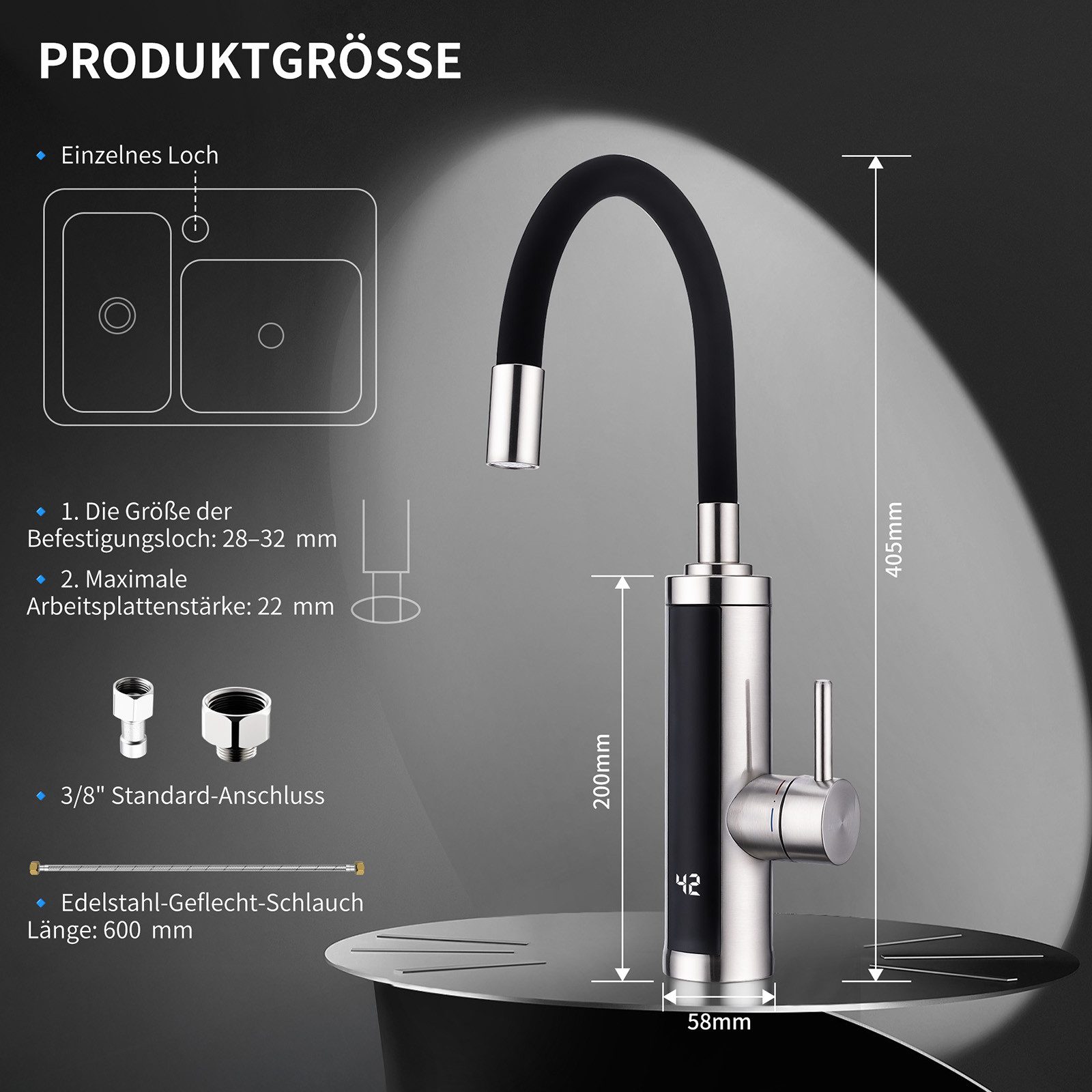 HOMELIVE Küchenarmatur mit durchlauferhitzer,Spültischarmatur küche,küchenarmatur edelstahl (Set) Sofort warmes Wasser · flexibel beweglicher Auslauf · Edelstahl