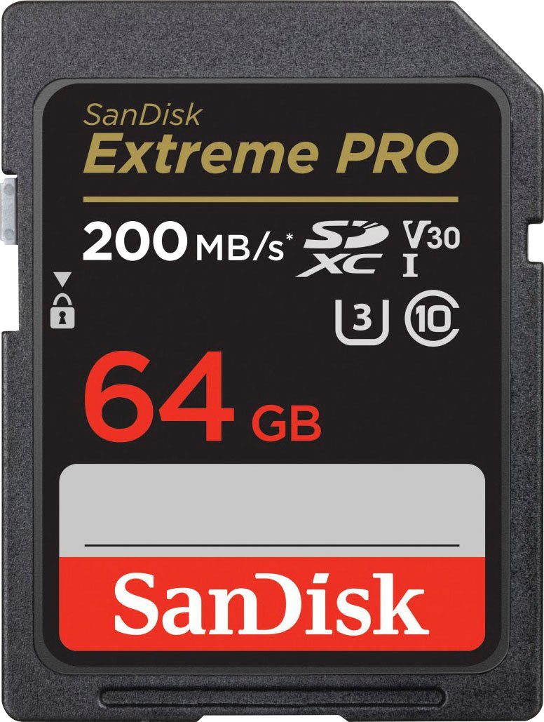 Sandisk Extreme PRO SDXC™-UHS-I-Karte Speicherkarte (64 GB, Video Speed Class 30 (V30)/UHS Speed Class 3 (U3), 200 MB/s Lesegeschwindigkeit)