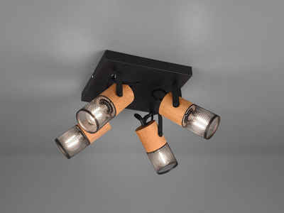meineWunschleuchte LED Deckenstrahler, Coole Skandi-Lampen im Industrial Style, Schwarz, 4 flammig, Gitterlampe mit Mini LED Spot, Drahtgeflecht mit Holz-Fassung, schwenkbar