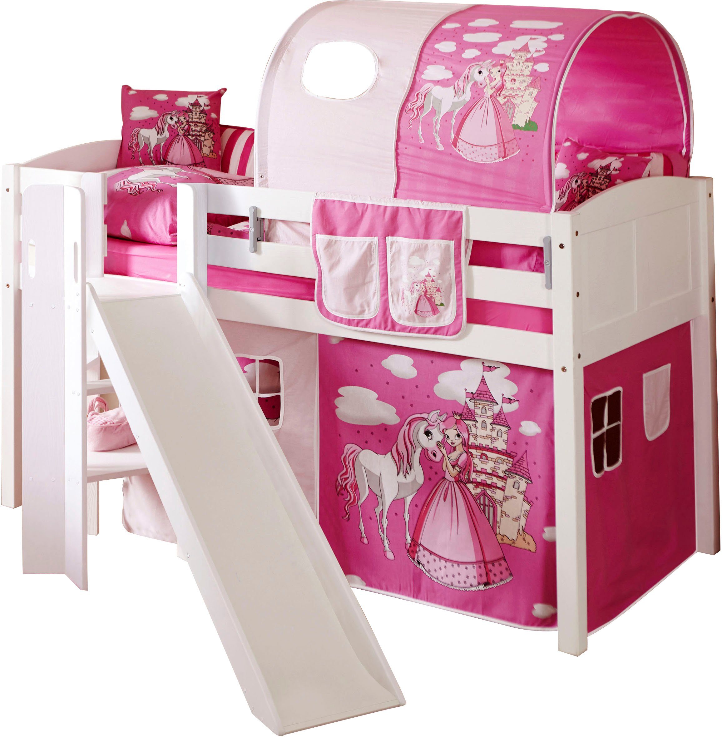 Ticaa Hochbett Ekki mit Rollrost und Textil-Set, Kiefer Prinzessin, Pink