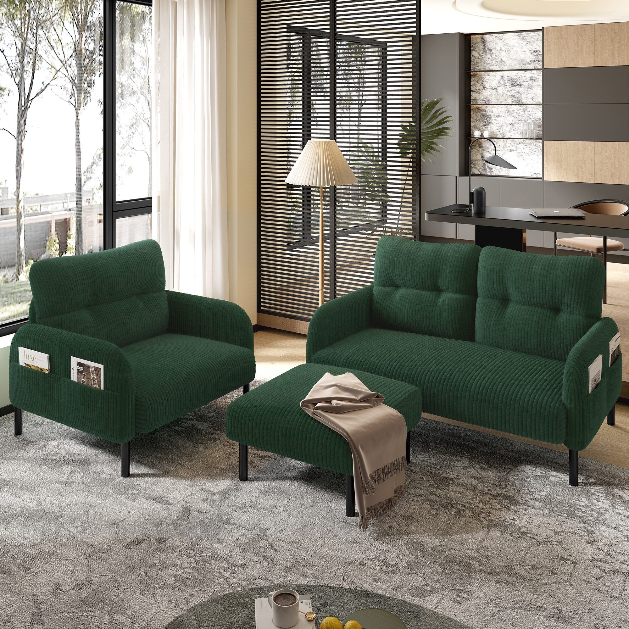 Gdood Sofa Loungesofa Ottomane 3er-Set, Sessel + Hocker + 2-Sitzer Sofa 3 Teile, Mit Seitentasche Stahlrohrgestell & extraweiche Rückenlehne