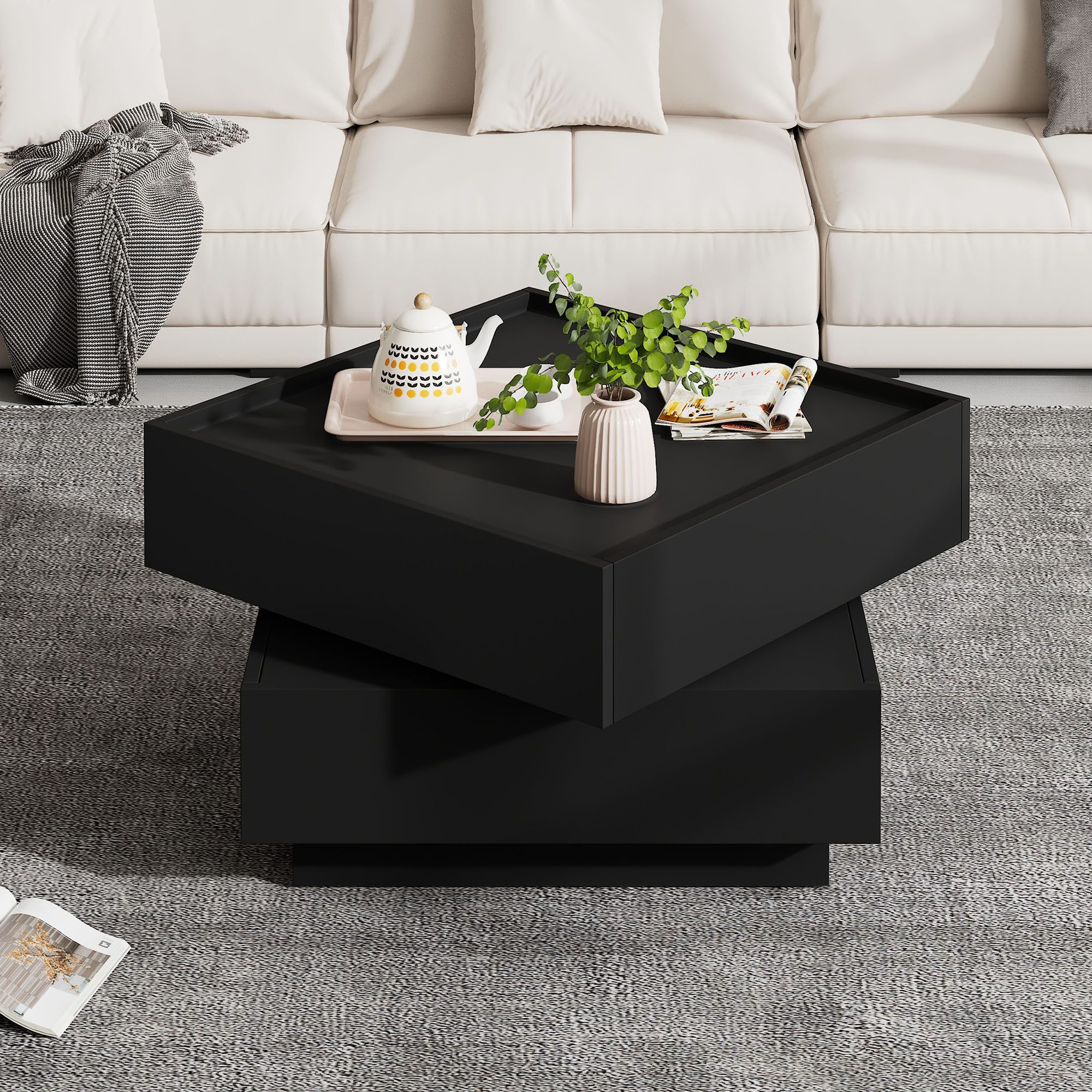 MODFU Couchtisch 360° drehbare Tischplatte (Satztisch, Wohnzimmertisch Beistelltisch, Wohnzimmertisch, 1-St., 2 Schubladen, 60*60*38cm), mit Gleitschienendesign