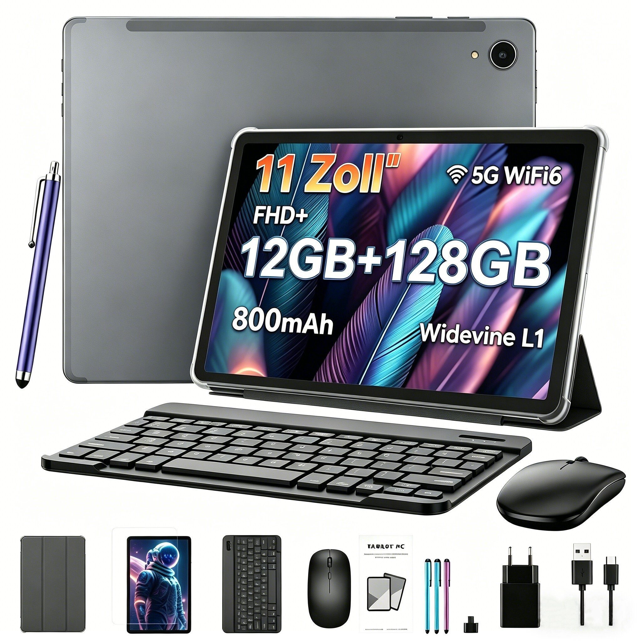 oyajia 11" Android 15 mit Tastatur, Stift, (12+128)GB, 8000mAh, Gemini AI Tablet (11", 128 GB, Android 15, 2G (GSM), 3G (WCDMA), 4G (LTE), 12 GB RAM (6 GB + 6 GB erweiterter RAM), Octa-Core,90 Hz,16MP,5G WIFI)