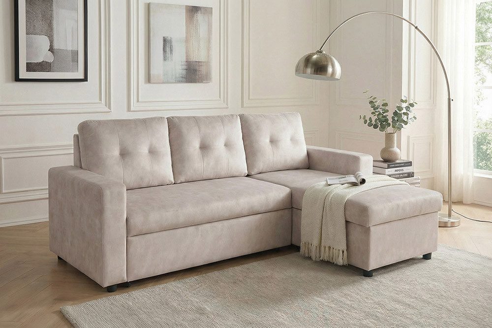riess-ambiente 3-Sitzer APARTMENT 205cm champagner beige · Eckcouch, Samt-Bezug, Bettfunktion, Einzelartikel 1 Teile, Ottomane links / rechts · mit Stauraum · Nosagfederung · inkl. Kissen