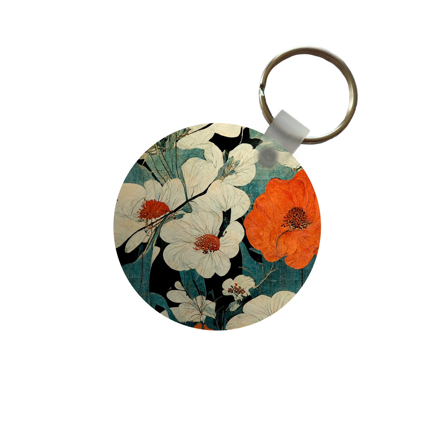 MuchoWow Schlüsselanhänger Blumen - Pflanzen - Vintage - Asien - Orange, Rund, Geschenk für Damen / Herren / Kinder mit Schlüsselring, 5x5 cm