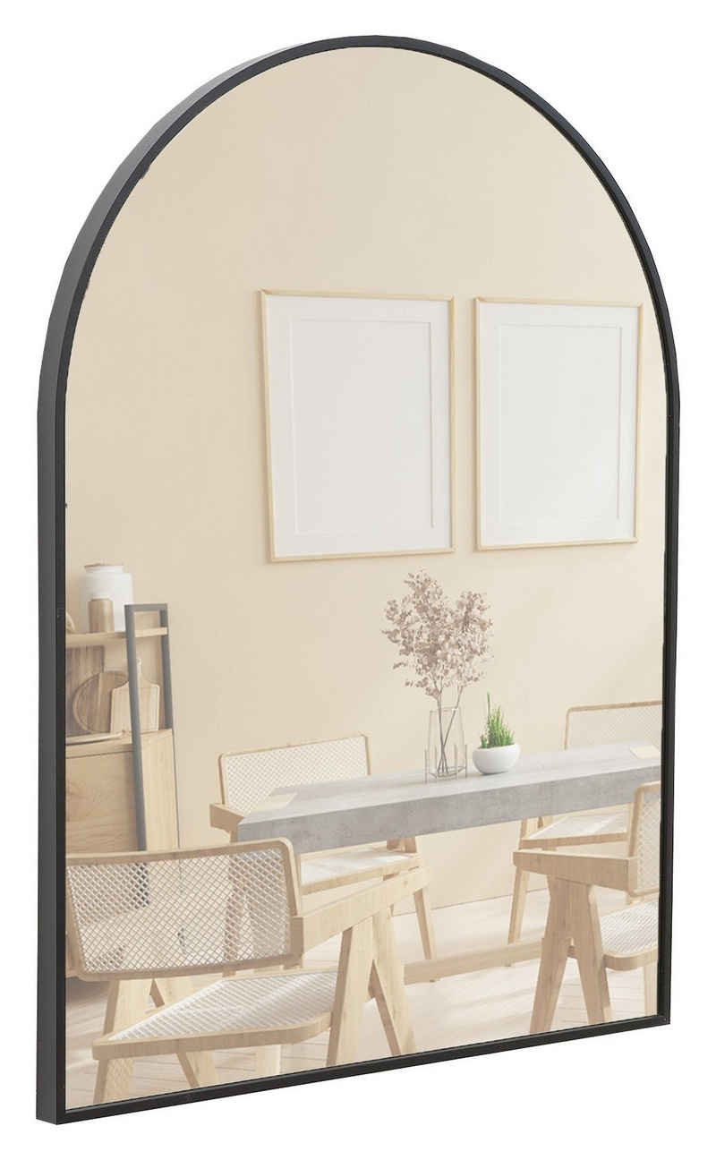 Terra Home Wandspiegel Spiegel 60x80 Metallrahmen Bogenform Schminkspiegel (schwarz, inklusive Schrauben und Dübel), Badezimmerspiegel Flurspiegel