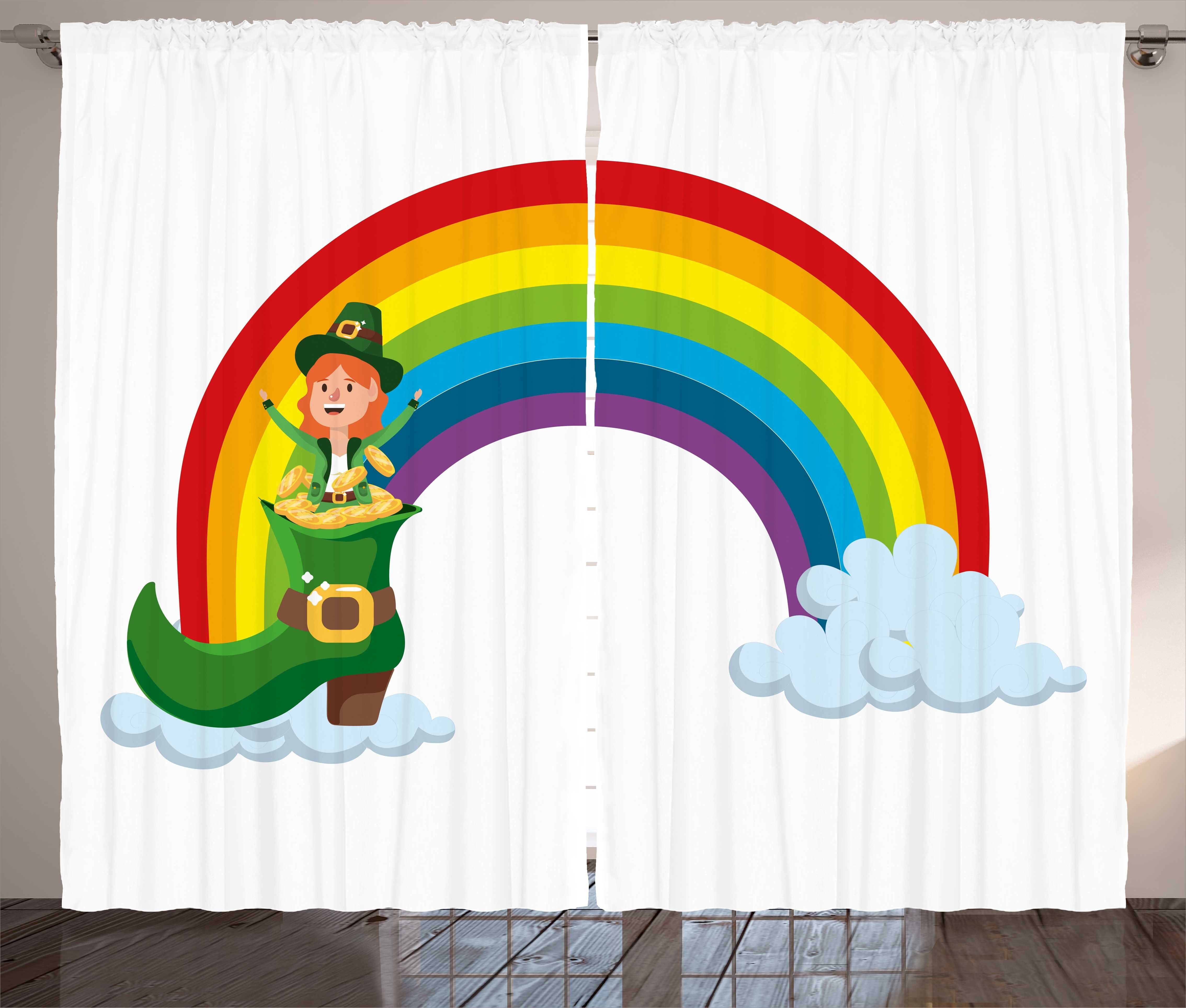 Gardine Schlafzimmer Kräuselband Abakuhaus, Irish Vorhang mit Haken, Kobold Lucky und Regenbogen Große Schlaufen