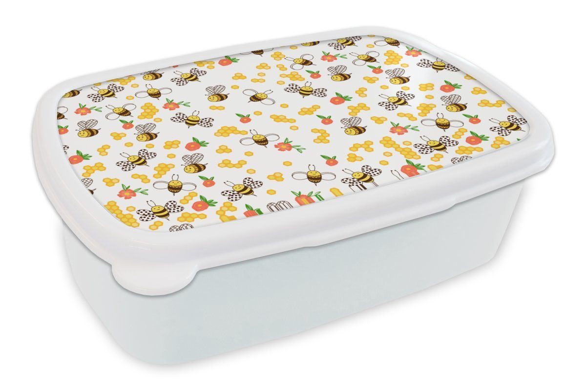 MuchoWow Lunchbox Honig - Biene - Blumen - Frühling, Kunststoff, (2-tlg), Brotbox für Kinder und Erwachsene, Brotdose, für Jungs und Mädchen weiß