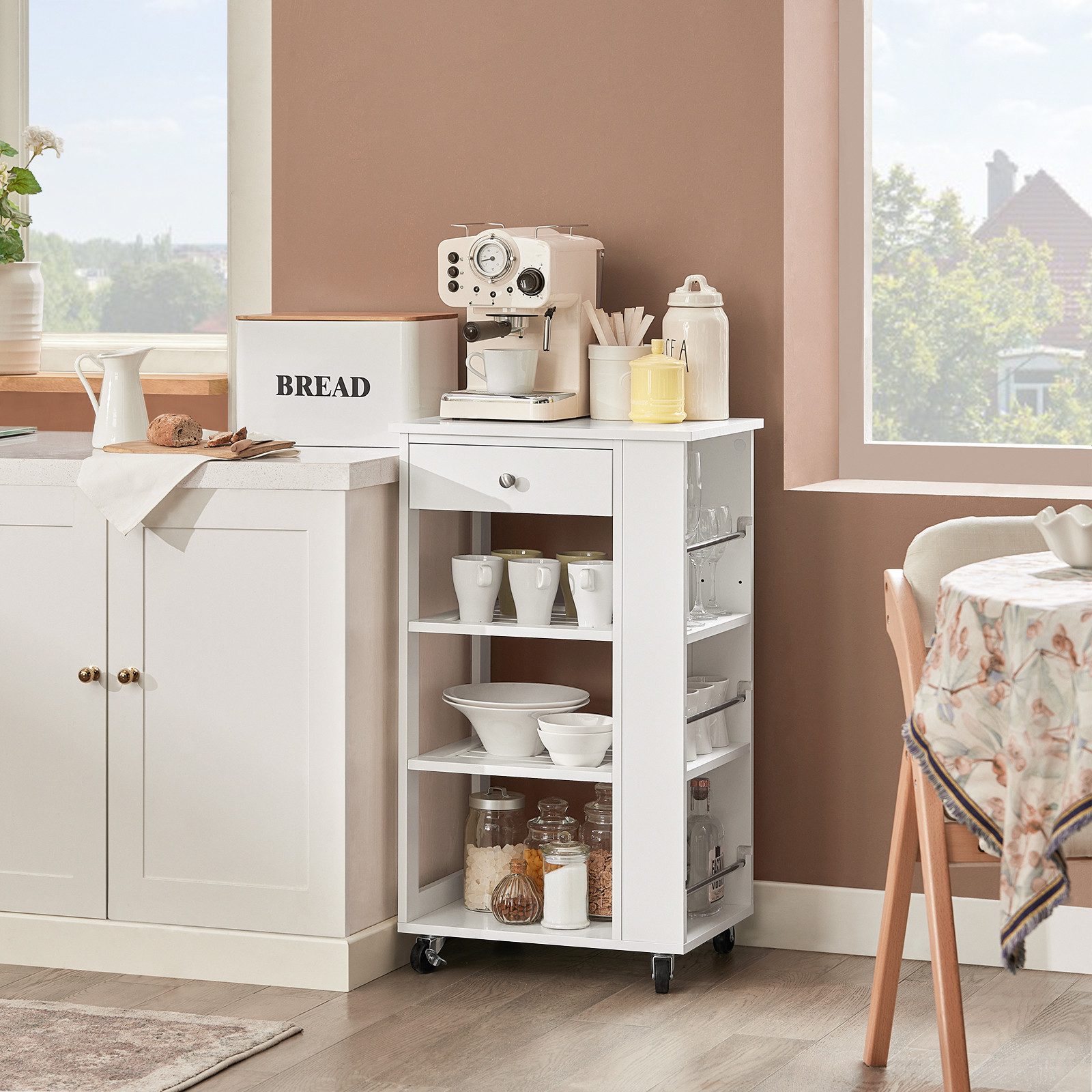 SoBuy Servierwagen FKW12, Küchenwagen Rollwagen mit Schublade aus Holz weiß günstig online kaufen
