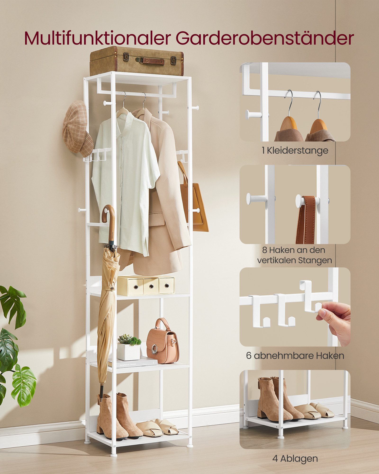 VASAGLE Garderobenständer Kleiderständer, Garderobe, für Kleidung, Taschen, Hüte, 30,5x47x180 cm, mit Kleiderstange und Haken, mit Ablagen, Stahlrahmen, wolkenweiß