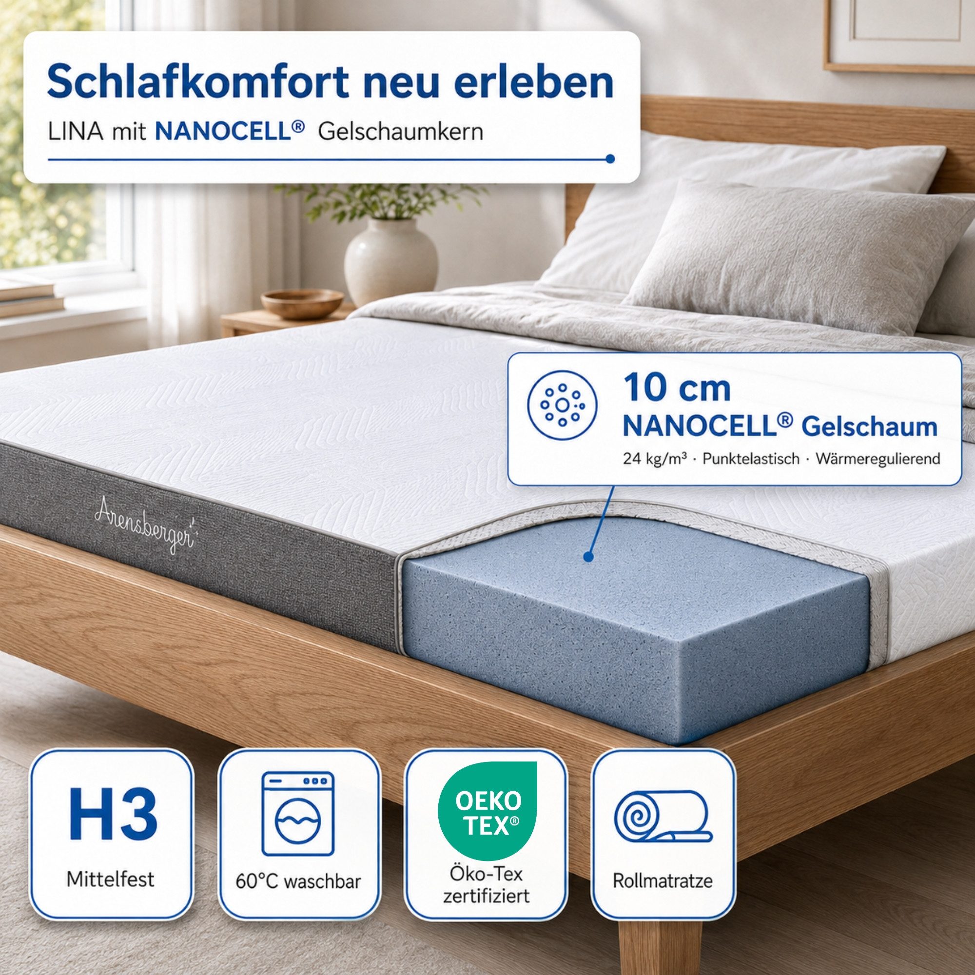Kaltschaummatratze LINA Matratze, H3, NANOCELL Gelschaum, 11 cm hoch, atmungsaktiv, Arensberger, 11 cm hoch, (160 x 200 cm, 160x200cm), Rollmatratze, Bezug waschbar 60°C, 90x200 140x200 & mehr