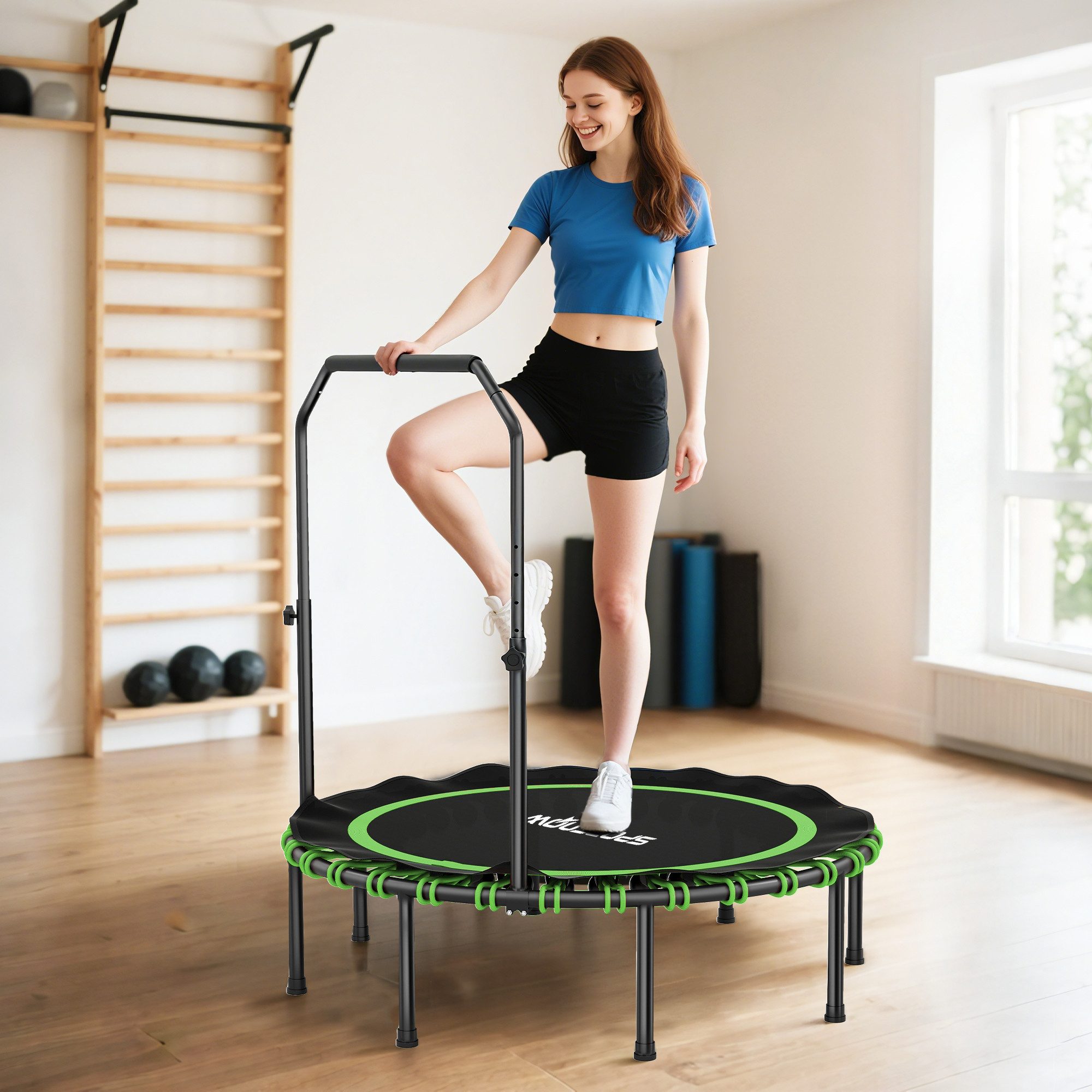 SPORTNOW Fitnesstrampolin mit verstellbarem Handlauf, Ø 122 cm, (Sport-Trampolin, 1 tlg., Fitness-Trampolin), Stahl, Kunststoff, Grün