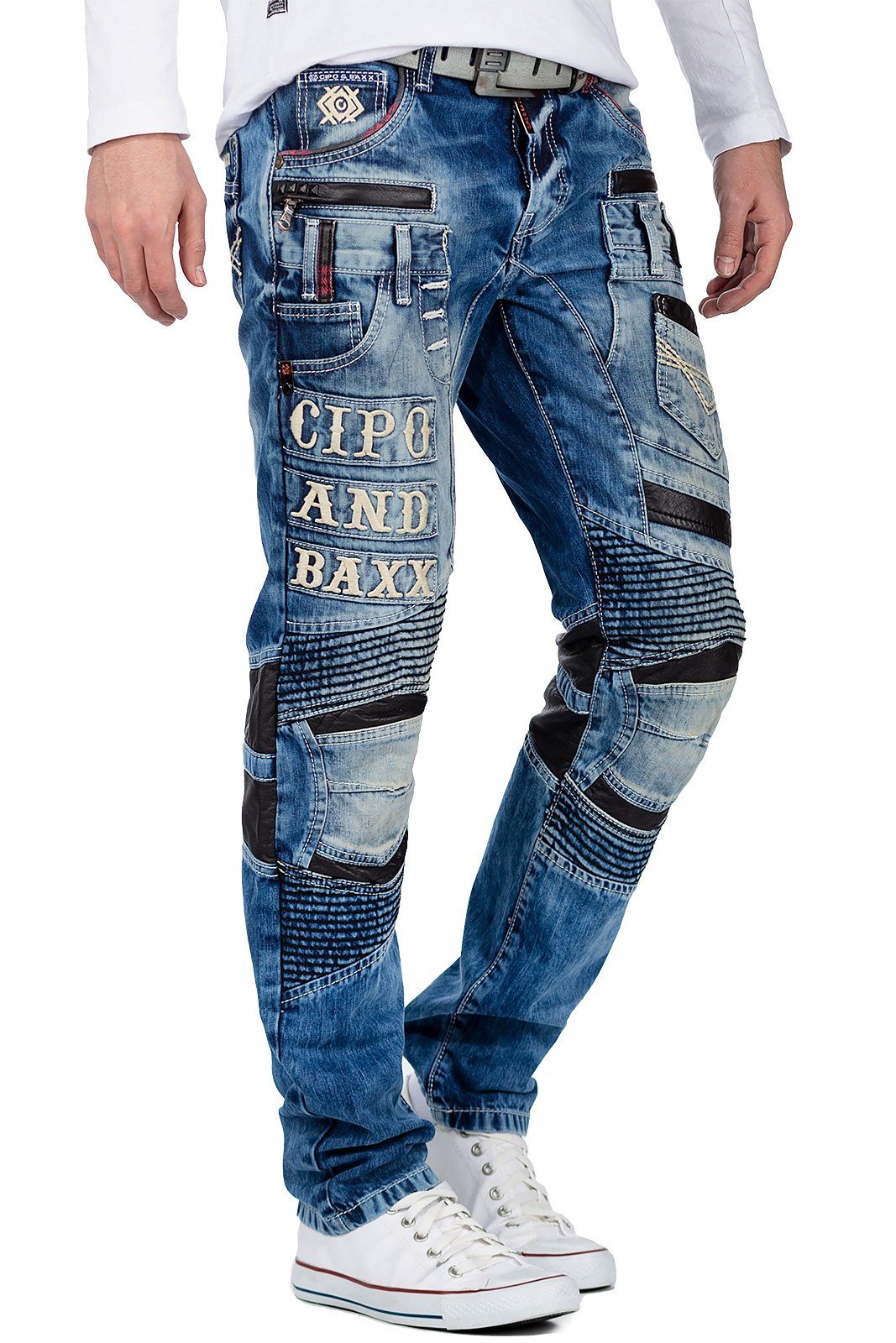 Cipo & Baxx Bikerjeans Herren straight fit Hose Stonewashed BA-CD637 mit Lederpatches und Nieten