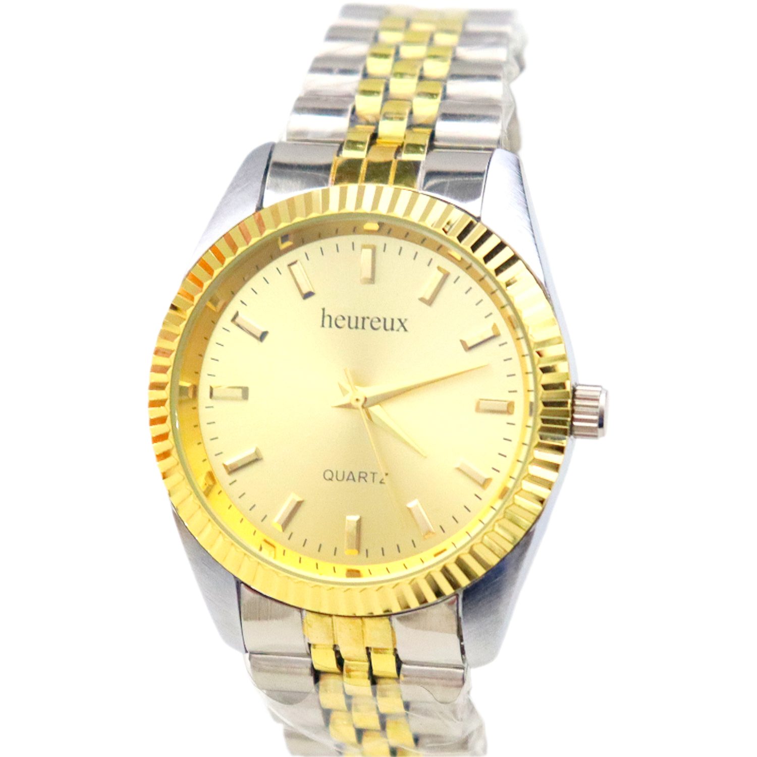 Quarzuhr Herrenuhr Quarz goldfarbene Lünette goldfarbenes Ziffernblatt