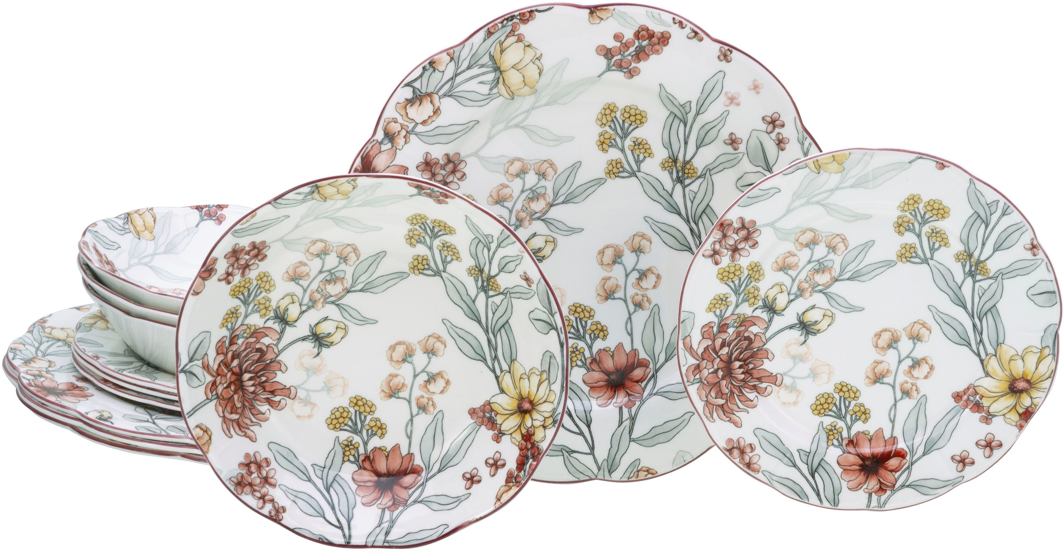 CreaTable Teller-Set Fiore, Tellerset 12-tlg (12-tlg), 4 Personen, Steingut, Blütendekor, Blätterdekor