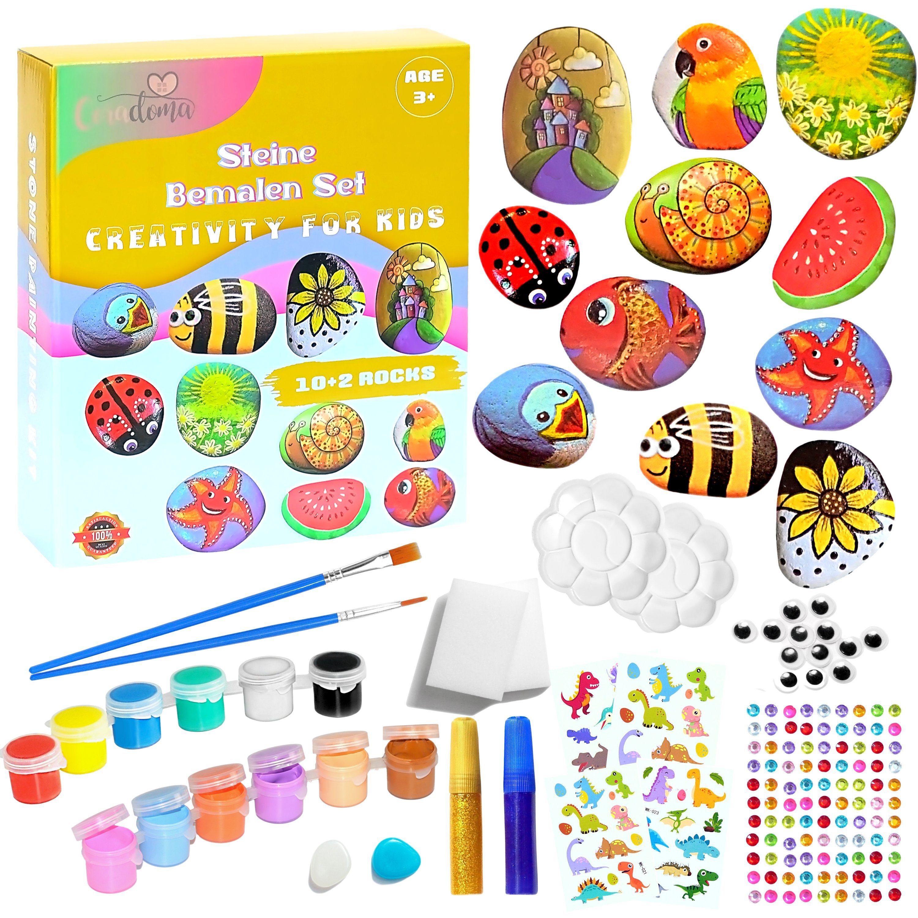 Coradoma Kreativset Steine zum Bemalen DIY Set Bastelset Kinder Malen Kreativ, (Bastelset, 10 Steine + 2 Leuchtsteine)