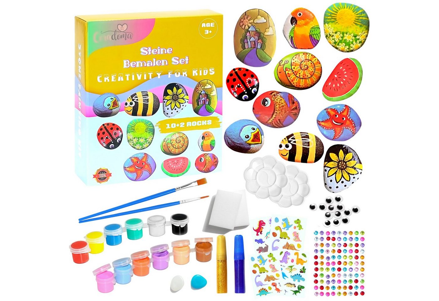 Coradoma Kreativset Steine zum Bemalen DIY Set Bastelset Kinder Malen Kreativ, (Bastelset, 10 Steine + 2 Leuchtsteine)