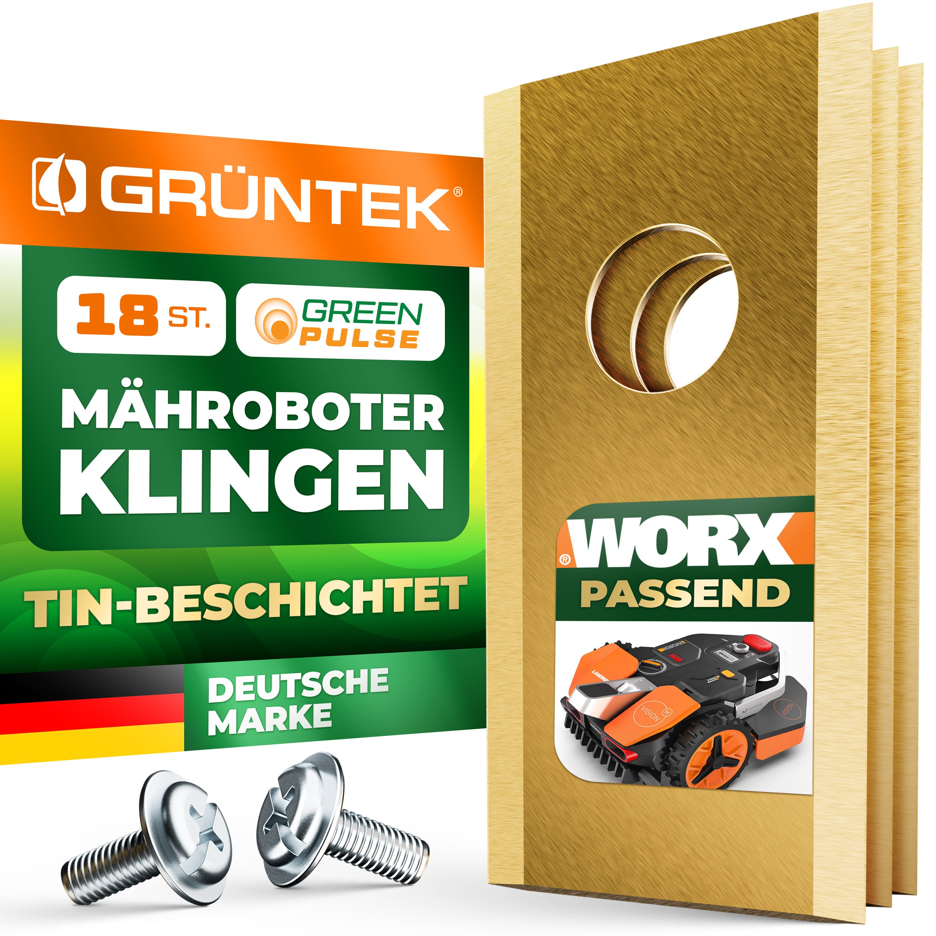 GRÜNTEK Лезвие газонокосилки GRÜNTEK Mähroboter Ersatz-Klingen Set 18-tlg, kompatibel mit WORX (18-St), Edelstahl TiN Beschichtet, hochpräzise, langlebige Запасной нож