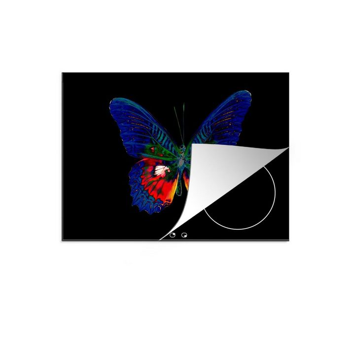 MuchoWow Herdblende-/Abdeckplatte Buntes Schmetterlingsdesign auf schwarzem Hintergrund Vinyl (1 tlg) induktionskochfeld Schutz für die küche Ceranfeldabdeckung