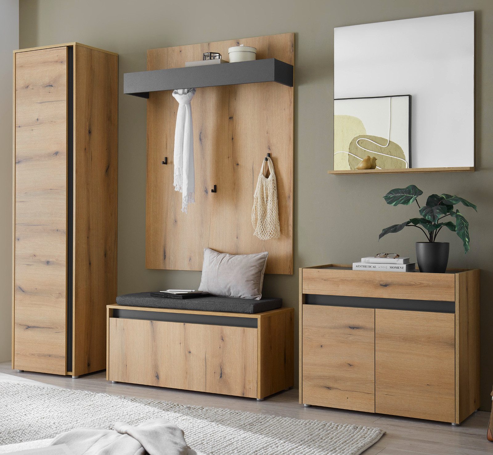 Furn.Design Garderoben-Set Center, (Komplett-Set in Eiche mit Grau, 6-teilig, 260 x 200 cm), mit viel Stauraum, inkl. Kissen